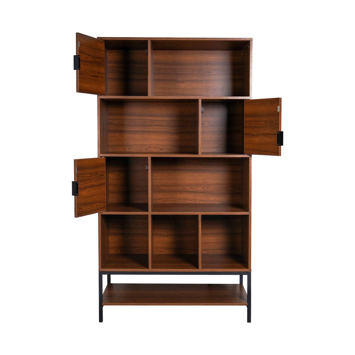 SWEEEK Bibliothèque style vintage en décor noyer et métal noir avec 9 compartiments (3 portes et 5 étagères)