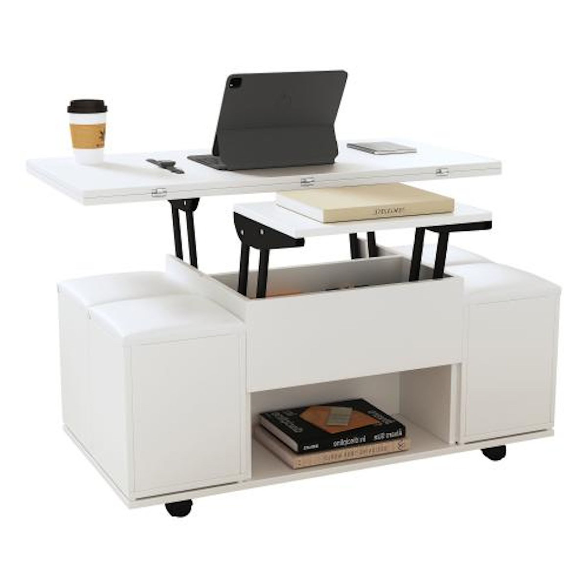 MERAX Table basse relevable rectangulaire en panneaux de particules avec 4 chaises et rangement,blanc