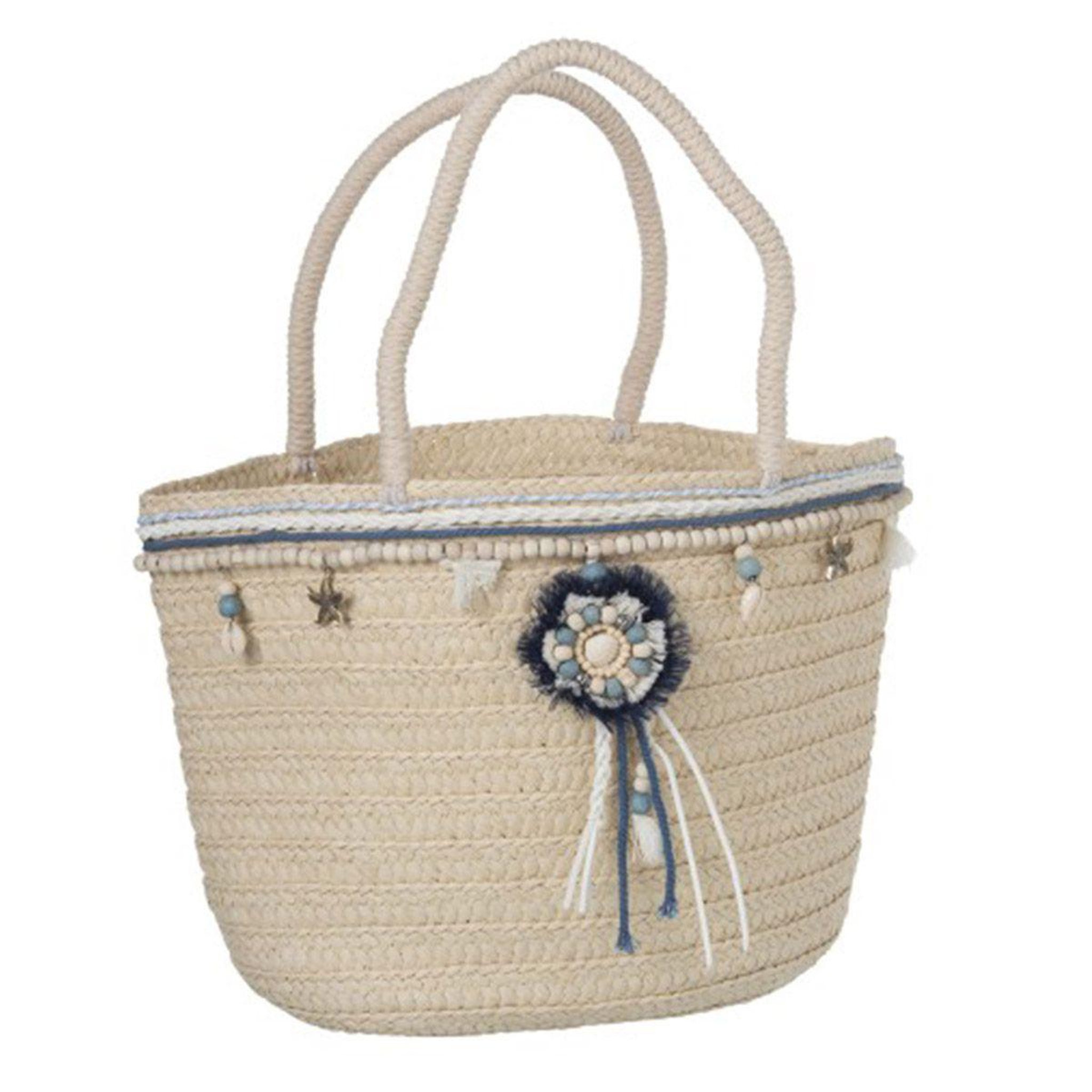 J-LINE Panier de Plage Perles  'Floches  45cm Écru & Bleu