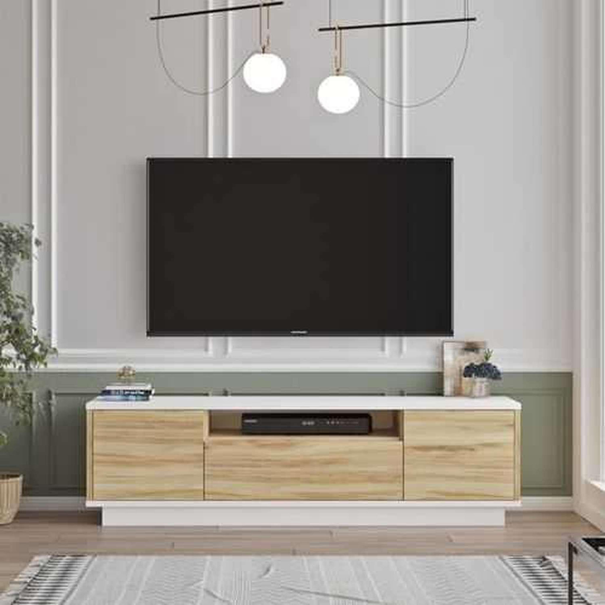 Voir la diapositive 3 : TOILINUX Meuble TV Séville 3 portes et une niche en bois - Blanc et marron