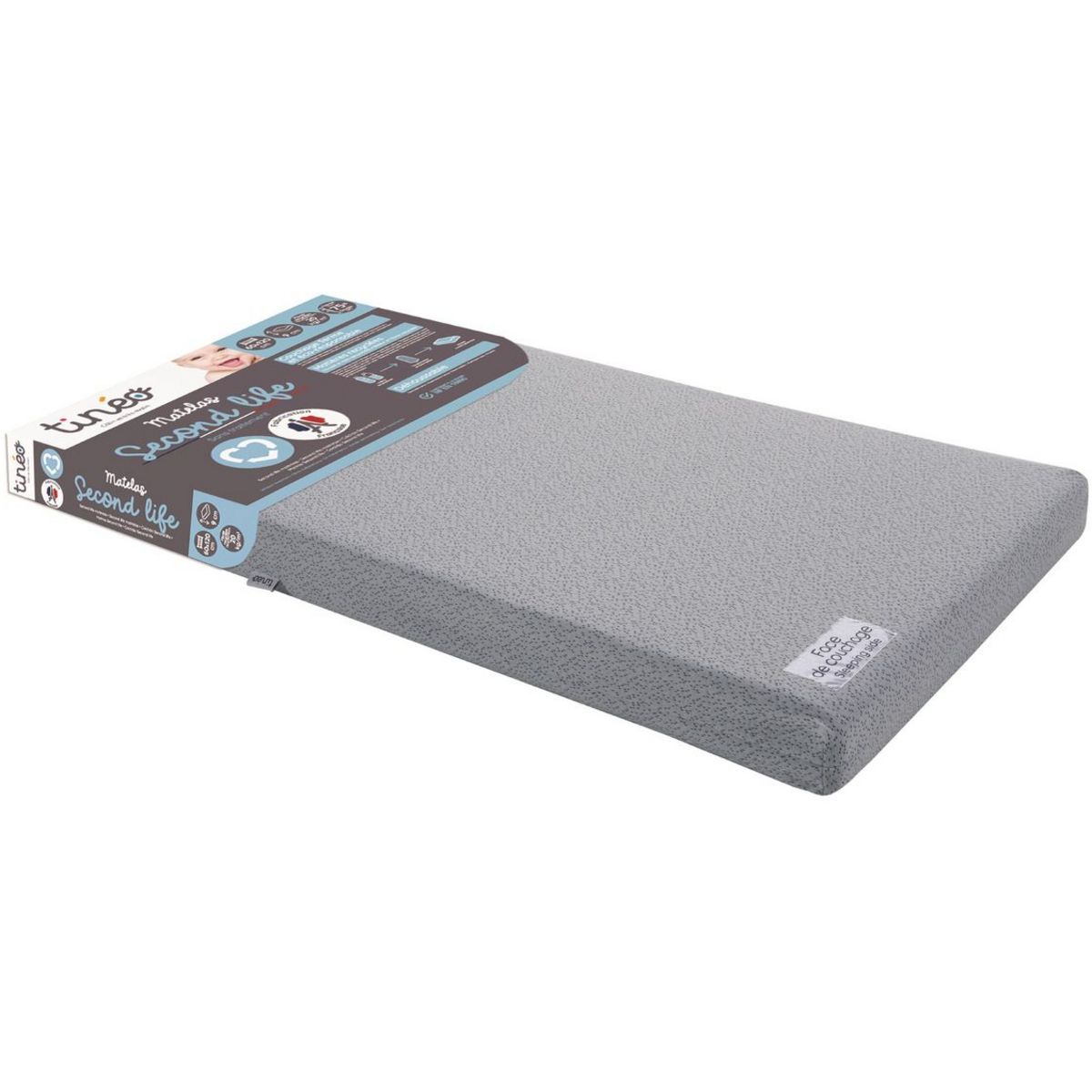 TINEO Matelas bébé en fibres recyclées 60x120 cm déhoussable SECOND LIFE