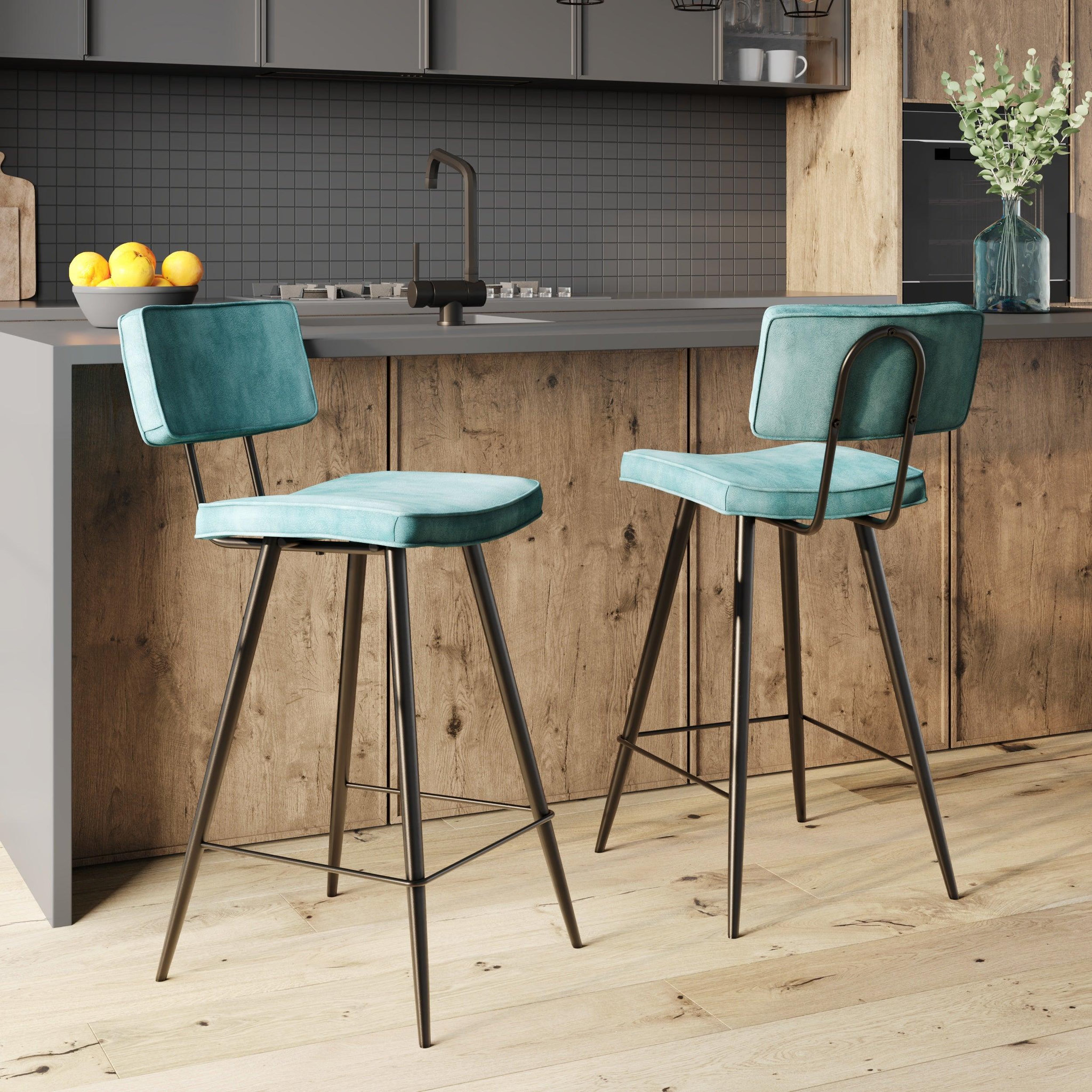 Voir la diapositive 2 : MAISON PAVANE Lot de 2 chaises pour îlot central 66 cm en cuir synthétique bleu-texas