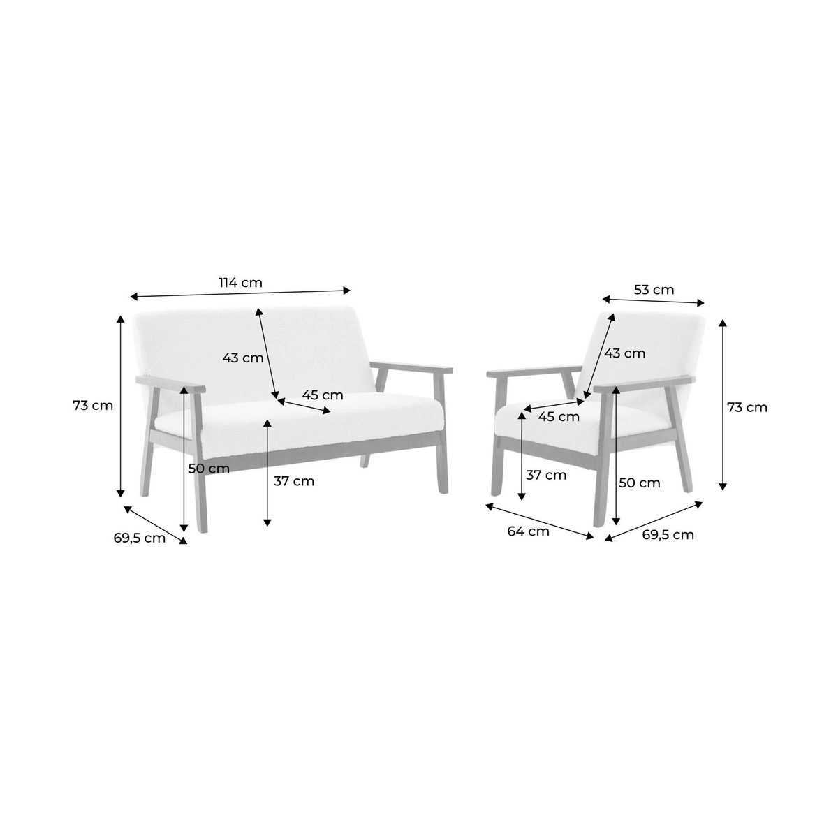 SWEEEK Canapé banquette 2 places et fauteuil tissu bouclette. pieds teinté noyer clair