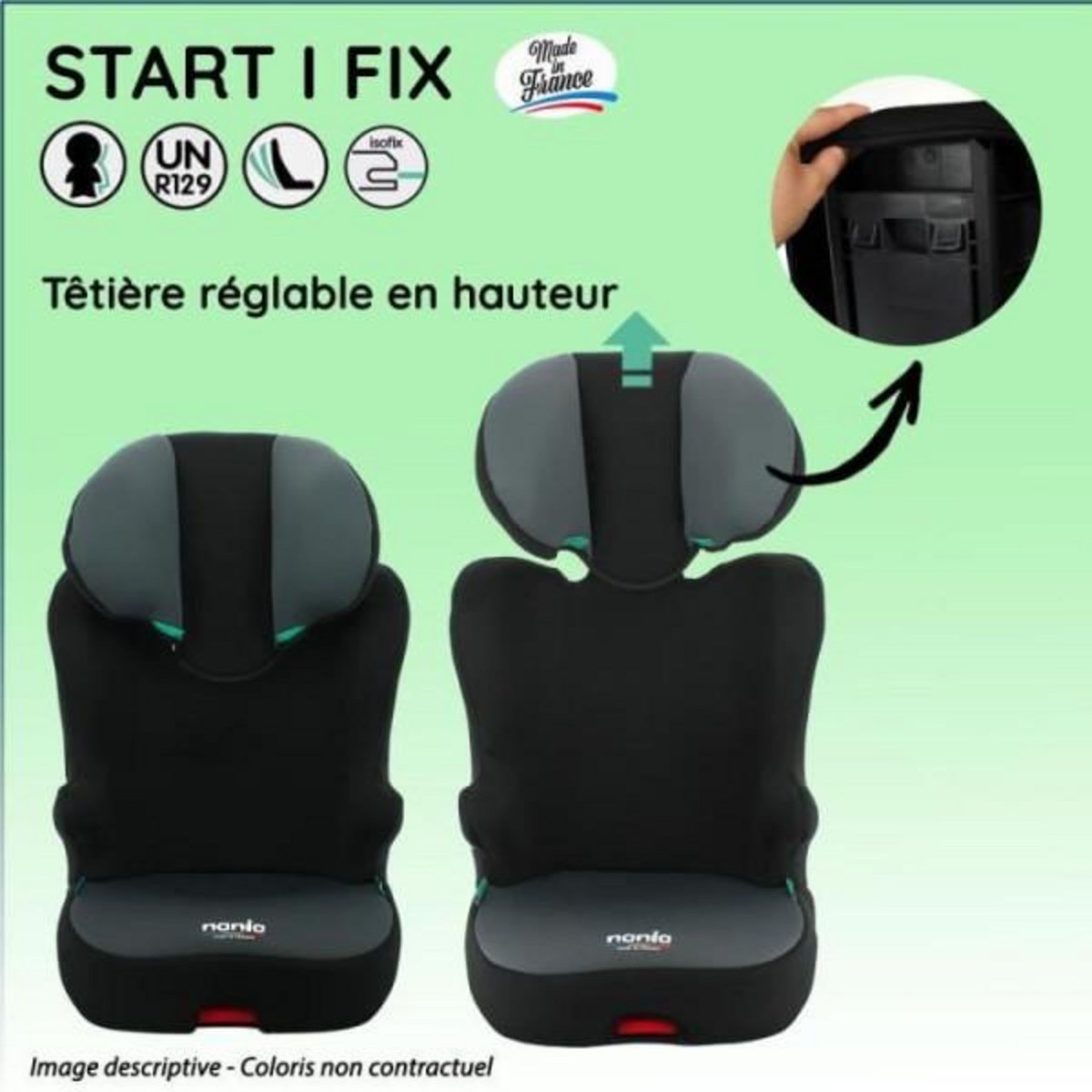 NANIA Siege Auto NANIA Rehausseur isofix  START I FIX, Groupe 2/3, de 5 a 10 ans, 15-36 kg - 95-150 cm, R 129 – Tetiere réglable– Base incli