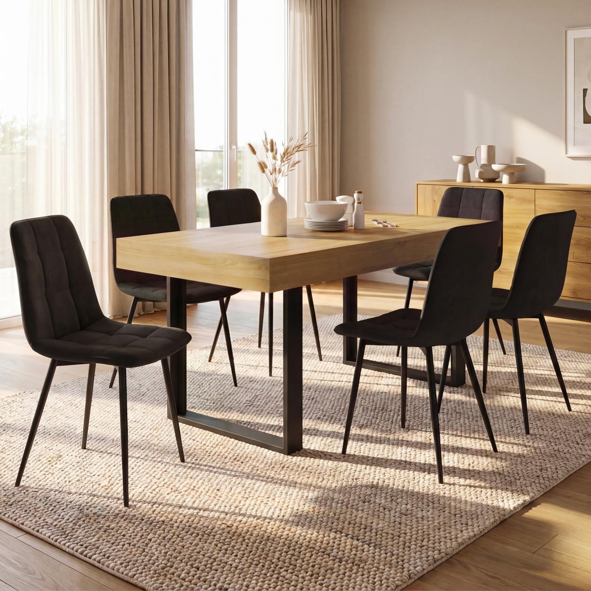 Voir la diapositive 2 : ID MARKET Ensemble table à manger extensible rectangle PHOENIX 4-8 personnes bois et noir 160 - 200 cm et 6 chaises MILA en velours noir