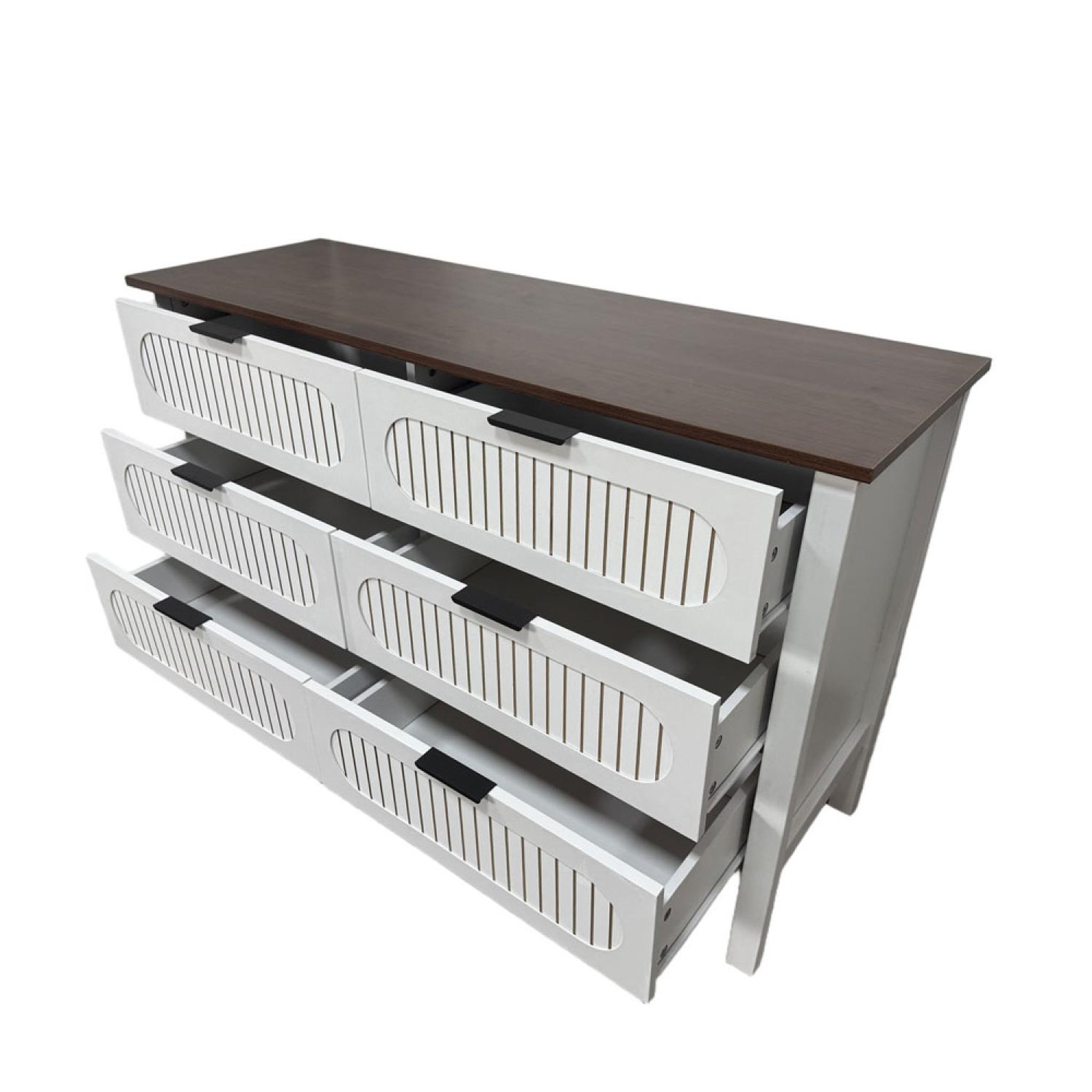 Voir la diapositive 4 : CONCEPT USINE Commode 6 tiroirs blanc rainuré et bois 120cm brix