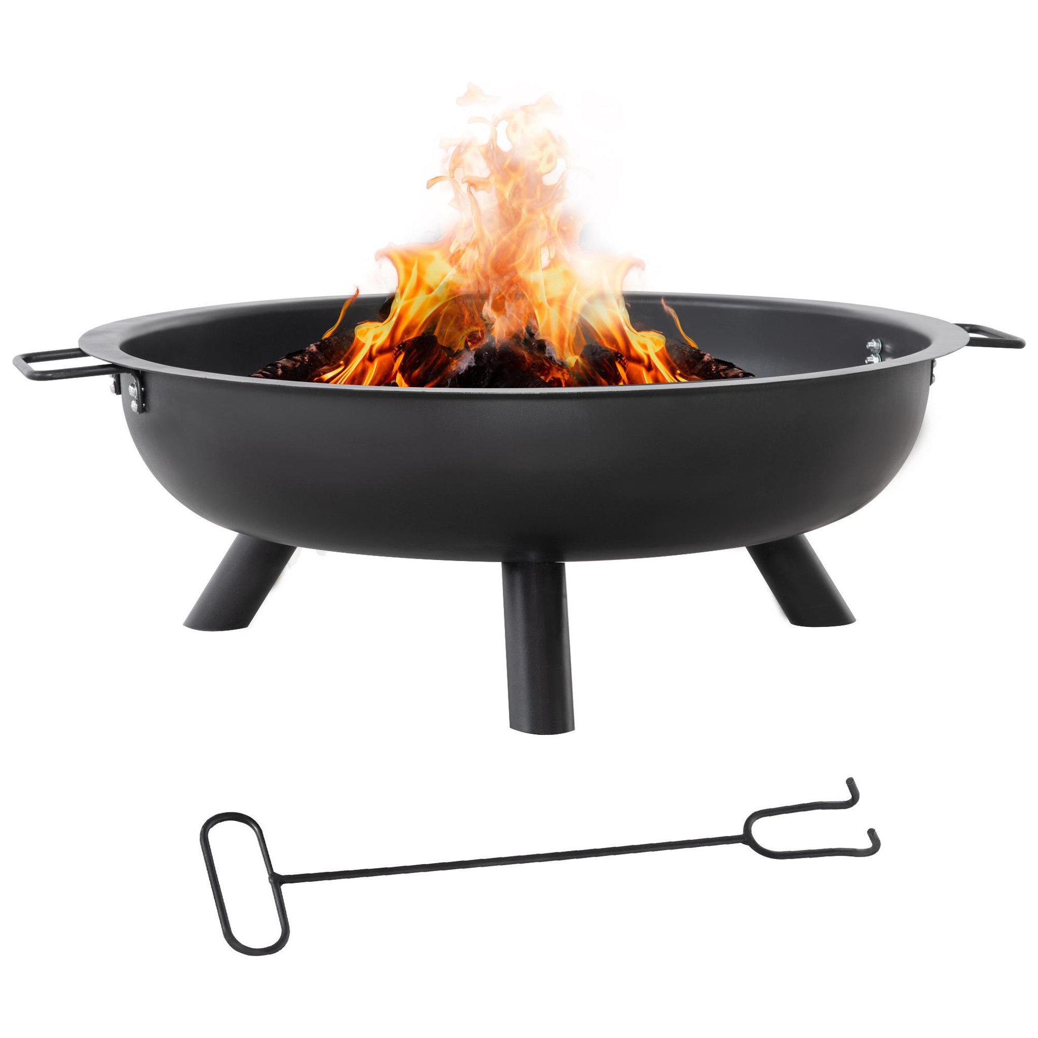 Voir la diapositive 1 : OUTSUNNY Brasero boule de feu cheminée foyer extérieur dim. 79L x 69l x 25,5H cm 2 poignées tisonnier acier noir