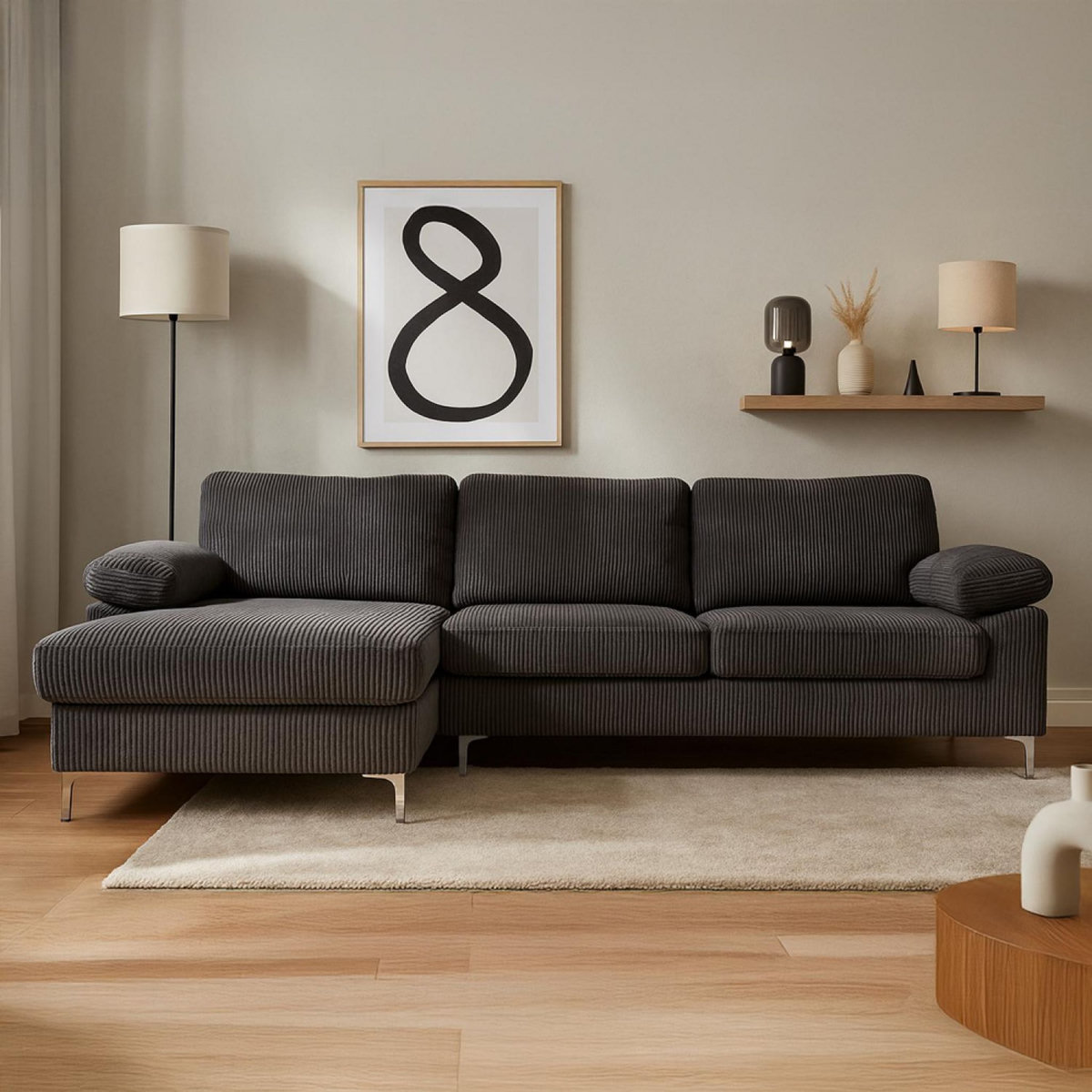 CONCEPT USINE Canapé d'angle 4-5 places méridienne gauche velours côtelé gris anthracite GALWAY