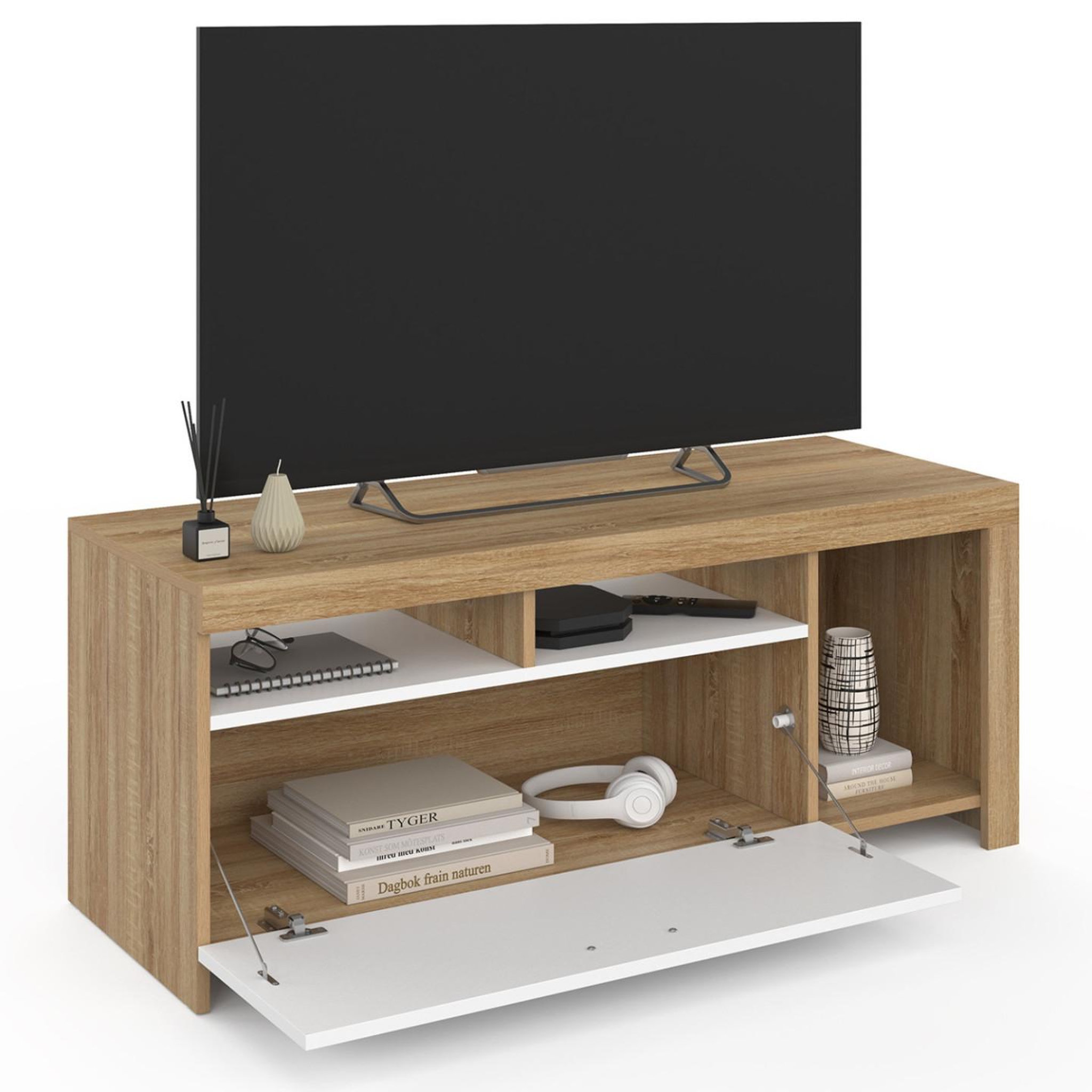 Voir la diapositive 4 : ID MARKET Meuble tv 110 cm malo bois et placard blanc