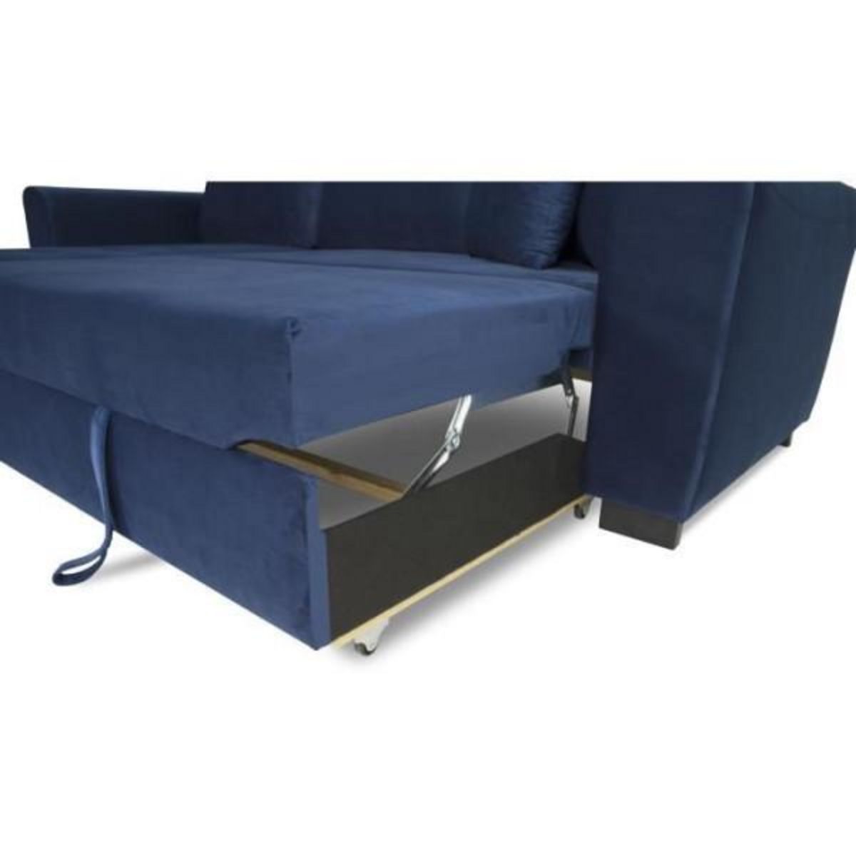MARKET24 Canapé d'angle convertible HAMILTON 4 places - Tissu velours bleu - L 245 x P 140 x H 86 - Coffre de rangement