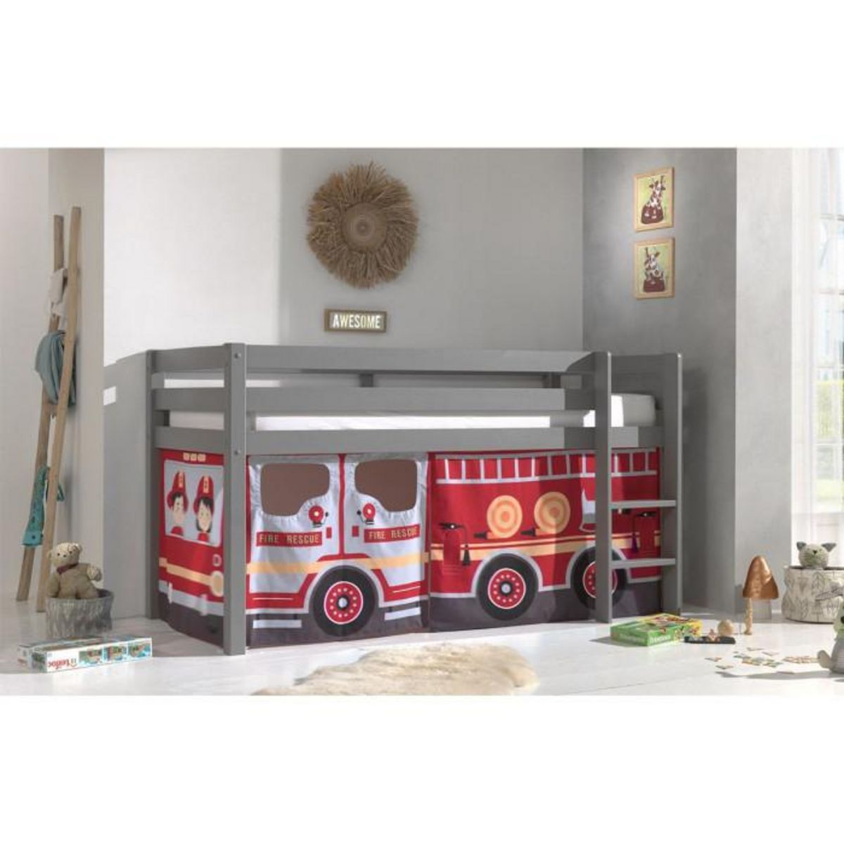 Paris Prix Lit Enfant Surélevé  Pino Fire Truck  90x200cm Gris