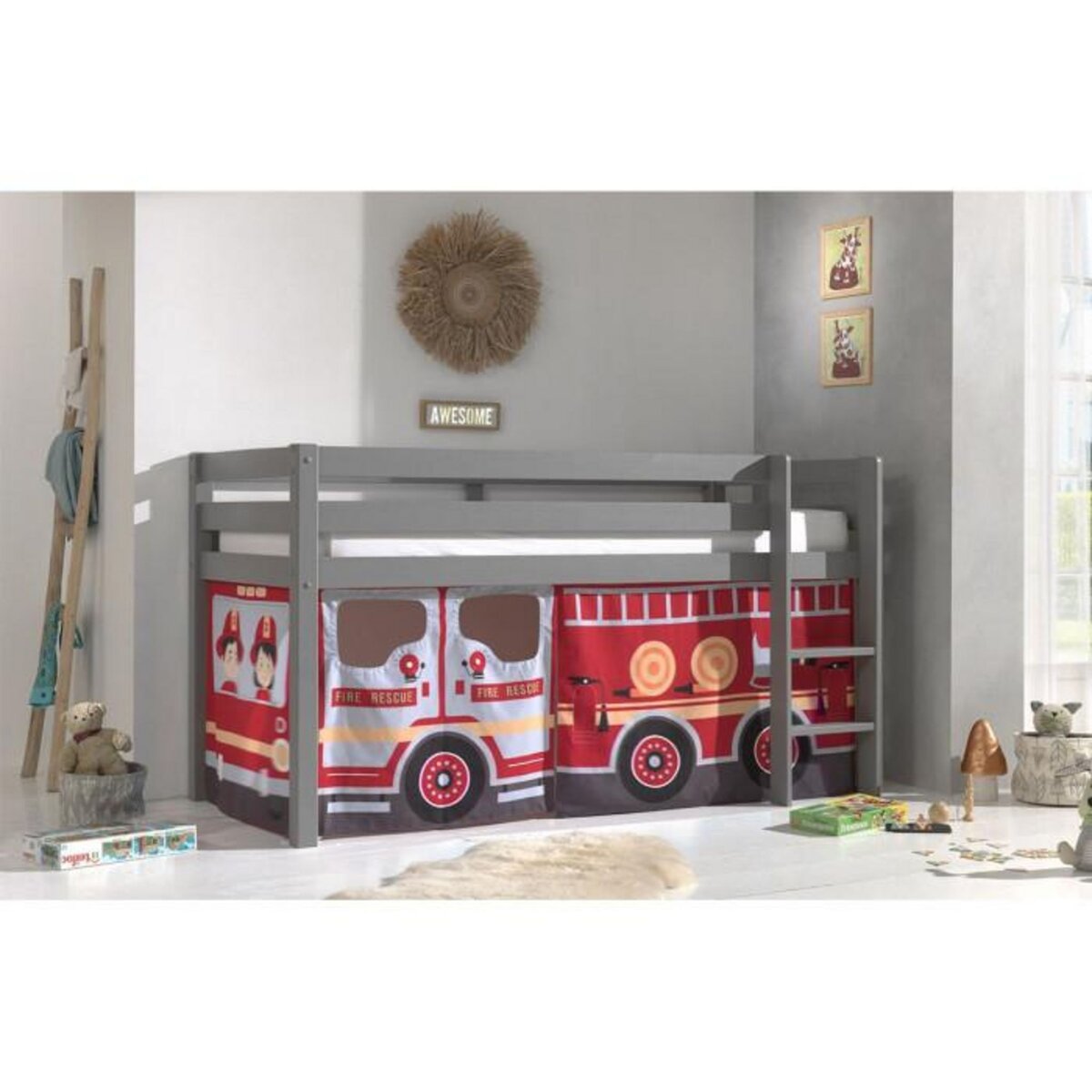 Paris Prix Lit Enfant Surélevé  Pino Fire Truck  90x200cm Gris
