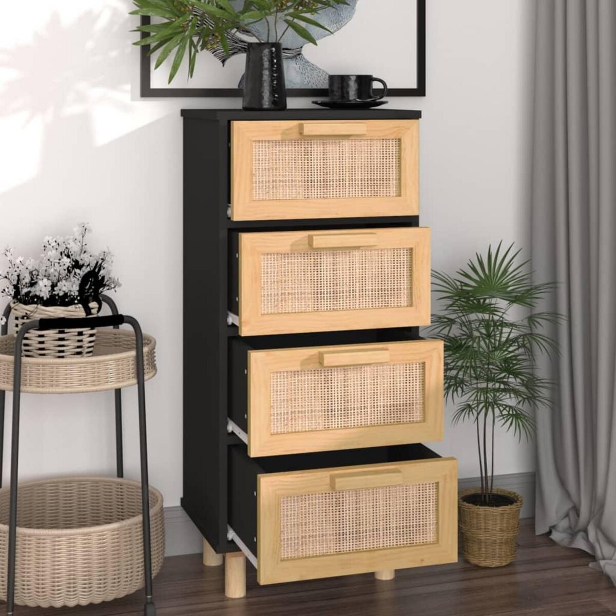 VIDAXL Buffet Noir 40x30x90 cm Bois de pin massif et rotin naturel