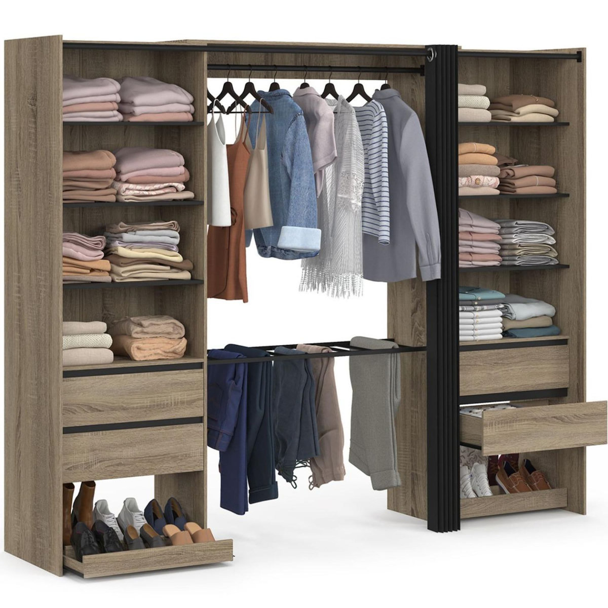 ID MARKET Dressing double XXL MERYL 220 cm avec porte pantalons + étagères + tiroirs + rangements à chaussures hêtre et noir