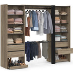 ID MARKET Dressing double XXL MERYL 220 cm avec porte pantalons + étagères + tiroirs + rangements à chaussures hêtre et noir