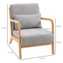HOMCOM Fauteuil lounge - 3 coussins inclus - assise profonde - accoudoirs - structure bois hévéa - aspect velours gris