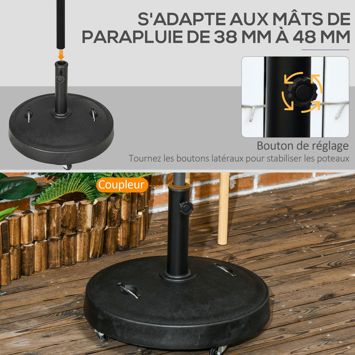 OUTSUNNY Pied de parasol rond - base de lestage parasol sur roulettes - poids net 24 Kg - résine surface granuleuse noir