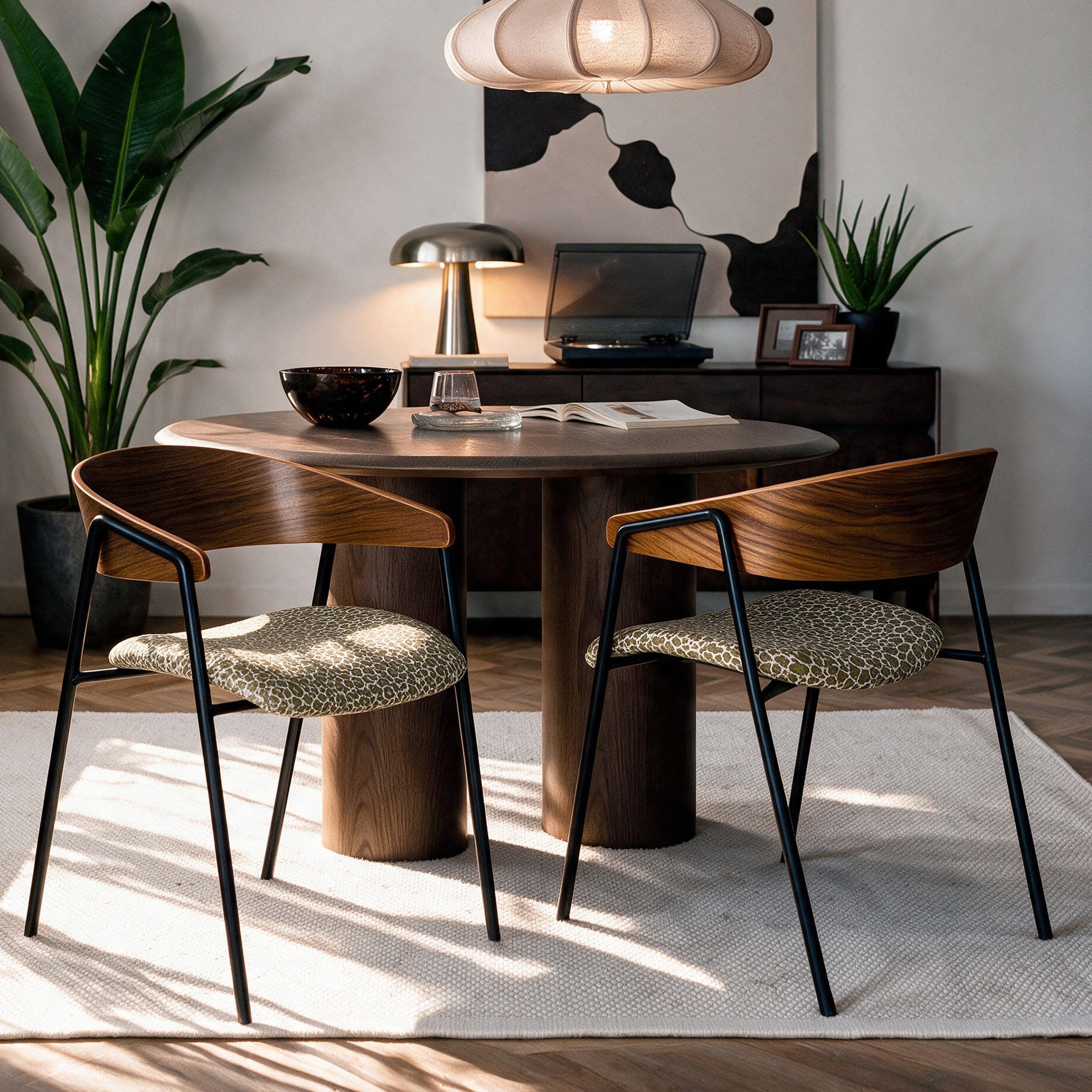 Voir la diapositive 2 : MAISON PAVANE Lot de 2 chaises en tissu léopard vert kaki et bois de noyer-Esmée