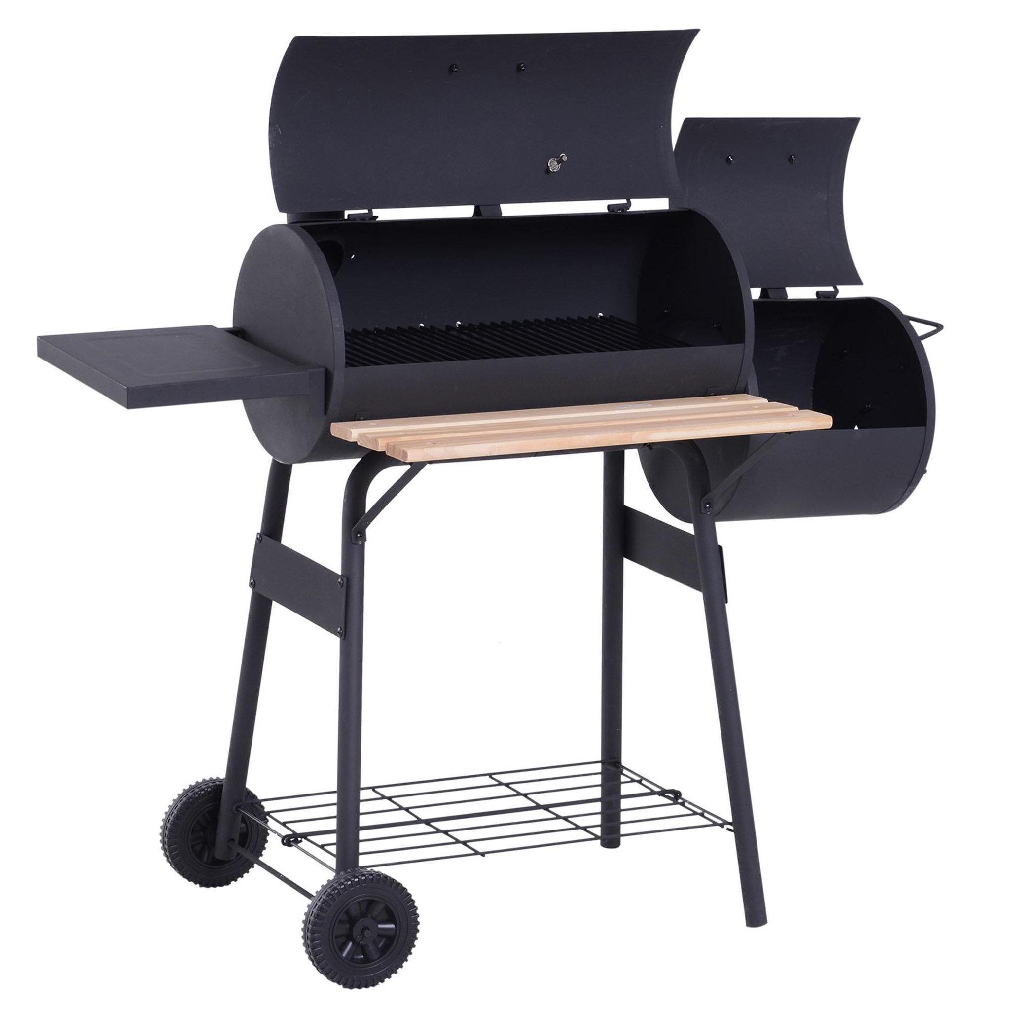 Voir la diapositive 2 : OUTSUNNY Barbecue à charbon fumoir BBQ grill smoker sur pied avec couvercle, roulettes, thermomètre, étagères  acier laminé à froid noir