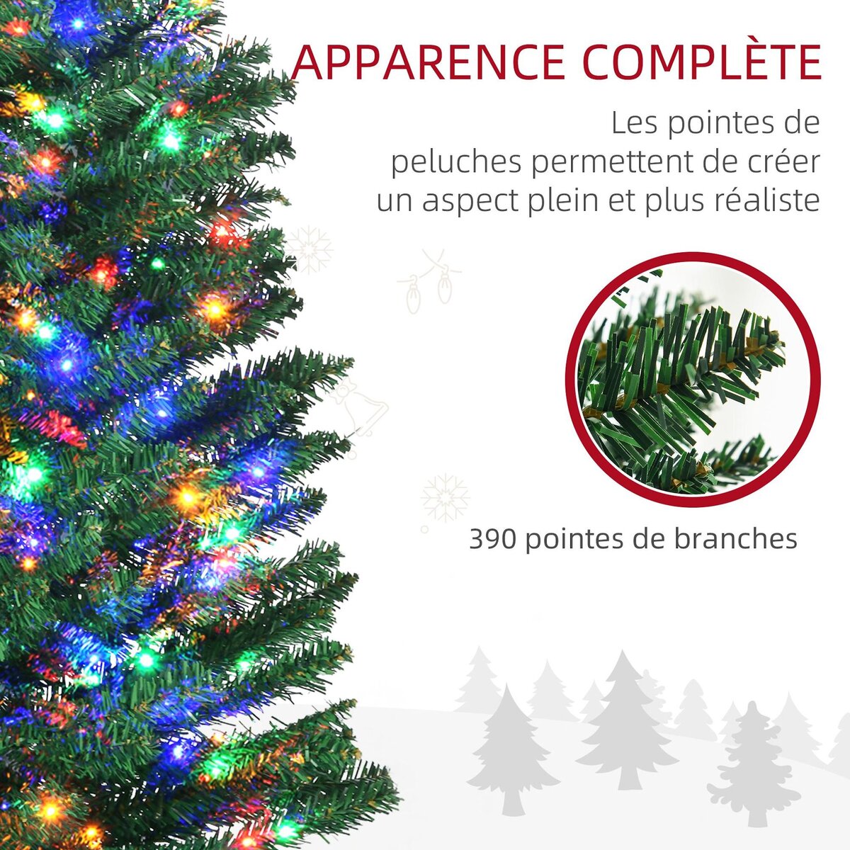HOMCOM Sapin de Noël artificiel lumineux 150 LED multicolores Ø 50 x 180H cm 390 branches forme cyprès vert
