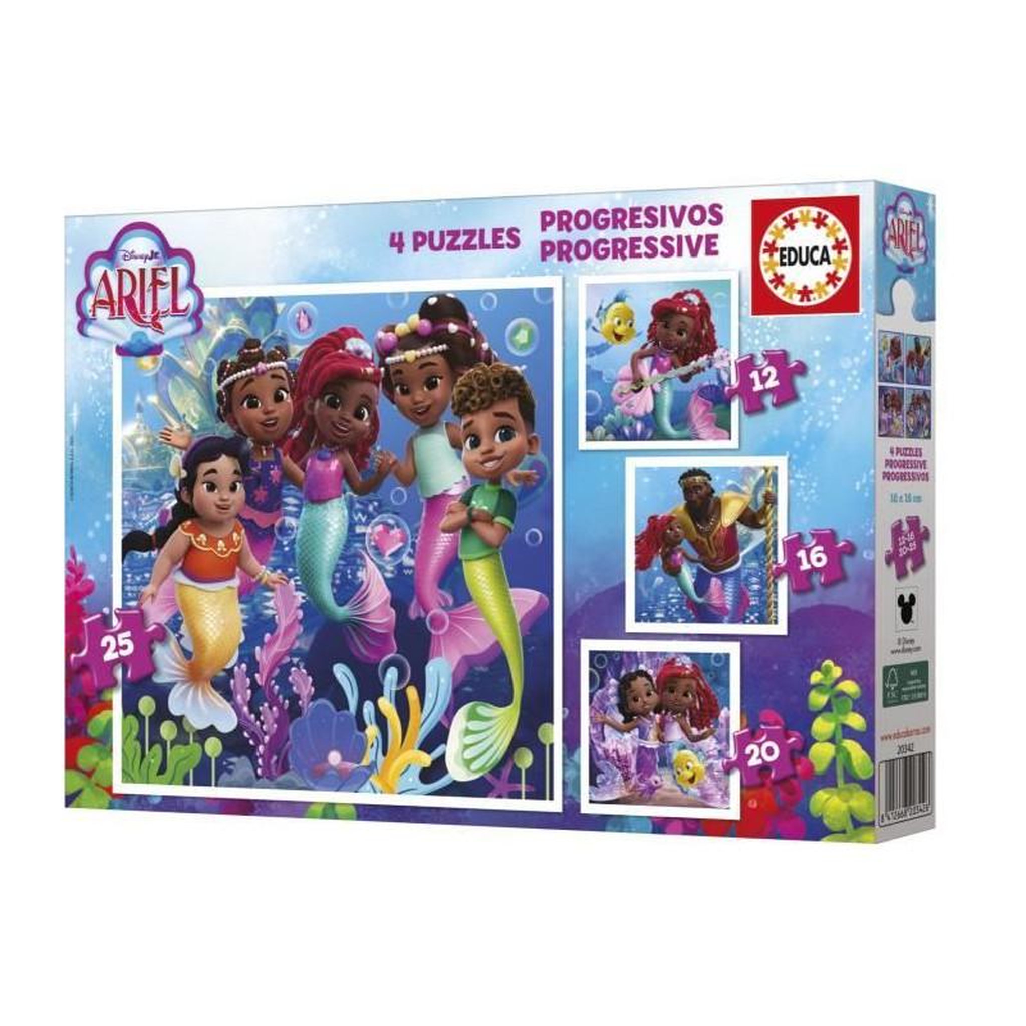 Voir la diapositive 4 : EDUCA Puzzles progressifs enfant Ariel – 4 puzzles de 12 à 25 pièces – Apprentissage évolutif – Dès 3 ans – Ariel – Educa