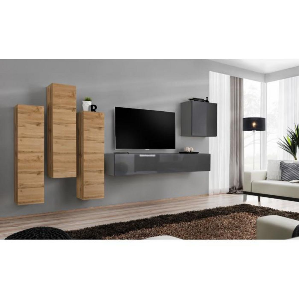 Paris Prix Meuble TV Mural Design  Switch III  330cm Naturel & Gris