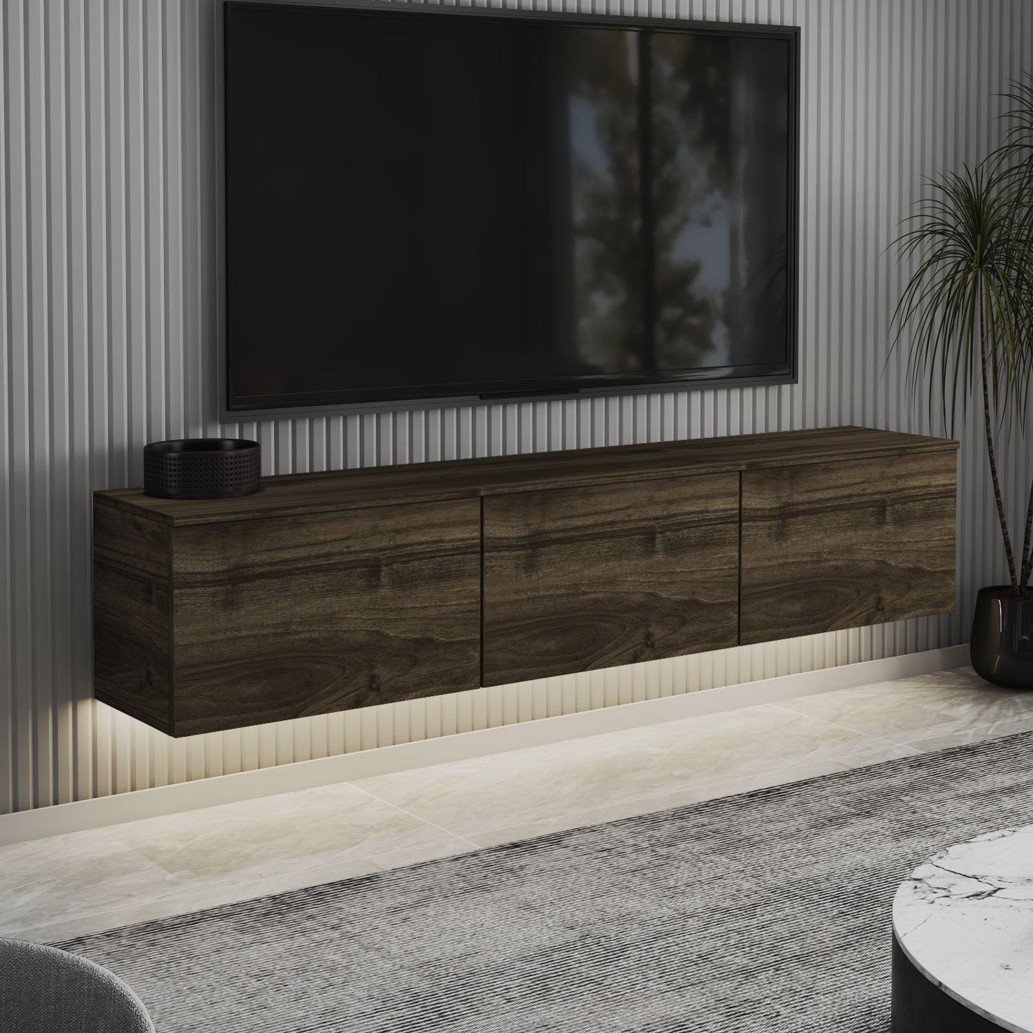 Voir la diapositive 3 : Habitat et Jardin Meuble tv suspendu en bois avec éclairage led  neon  - 160 x 32 x 35 cm - marron foncé