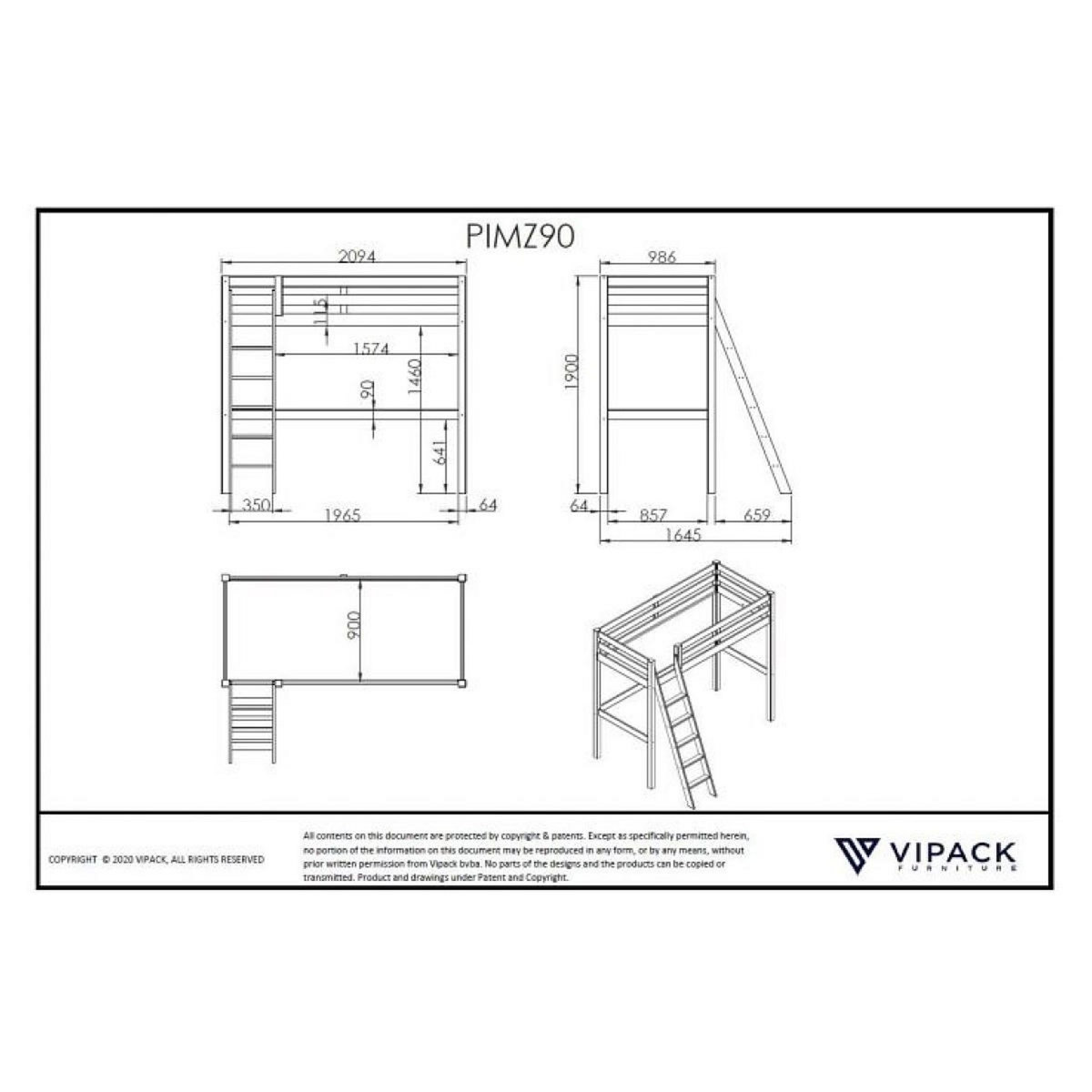 Vipack Lit haut avec fauteuil et bibliothèque blanc