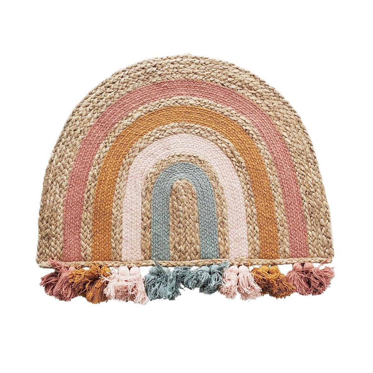 FUTURE HOME Tapis enfant arc-en-ciel à pompons en jute 72x52cm