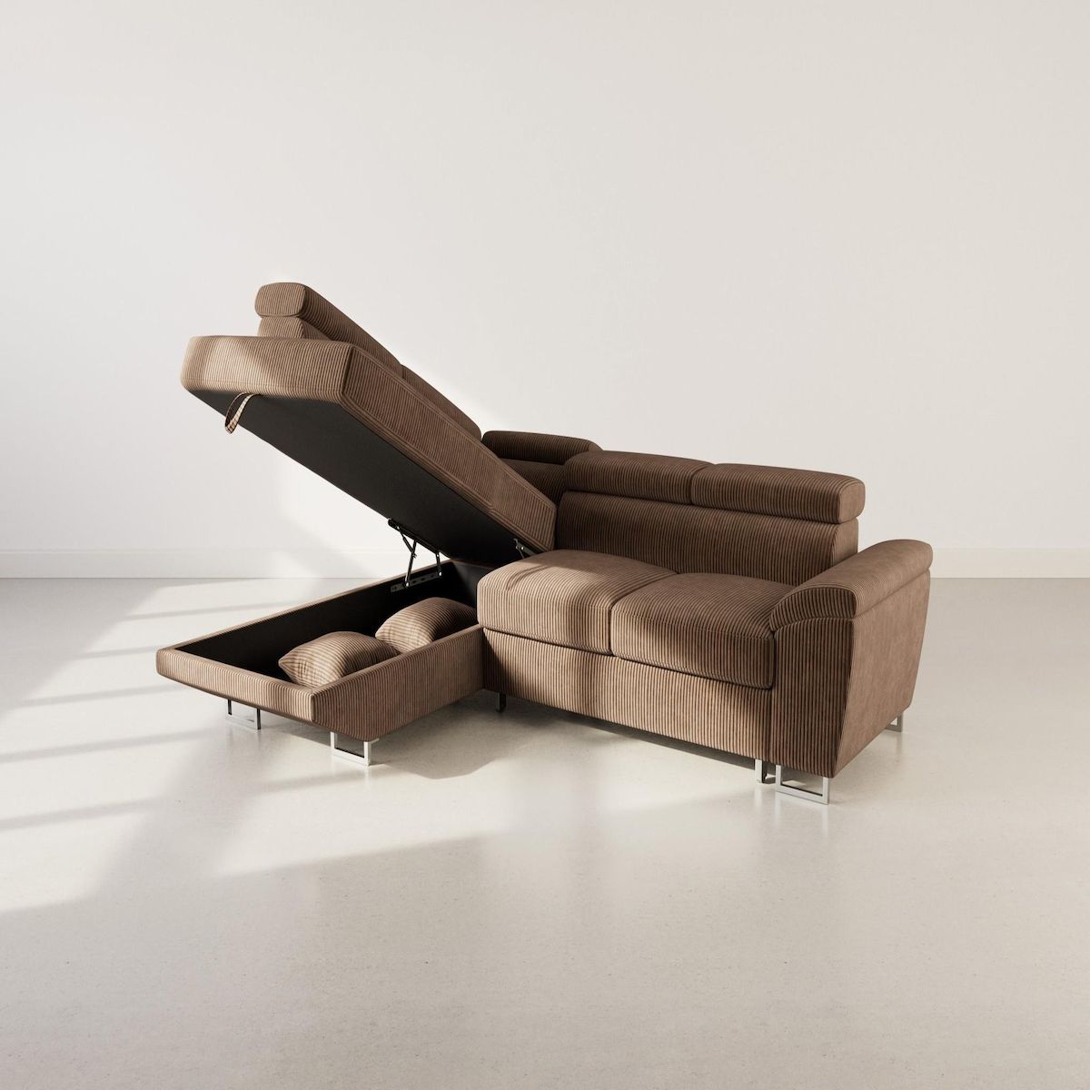 BEST MOBILIER Baoji - canapé d'angle gauche 5 places convertible avec têtières et coffre en velours côtelé