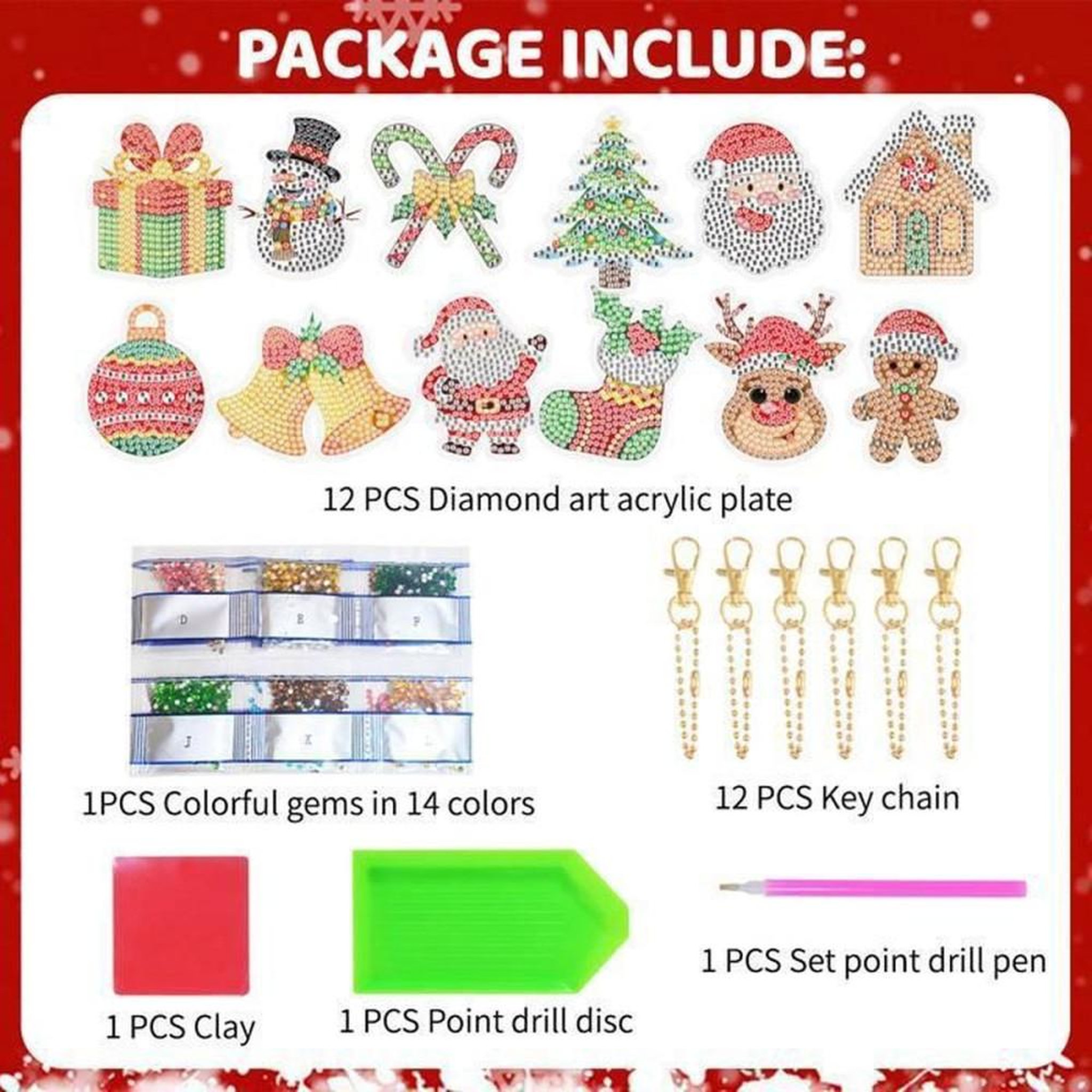 Voir la diapositive 2 : Décoration Noël diamant 5D couronne multicolore sur plaque acrylique, kit avec 12 porte-clés strass et stylo applicateur
