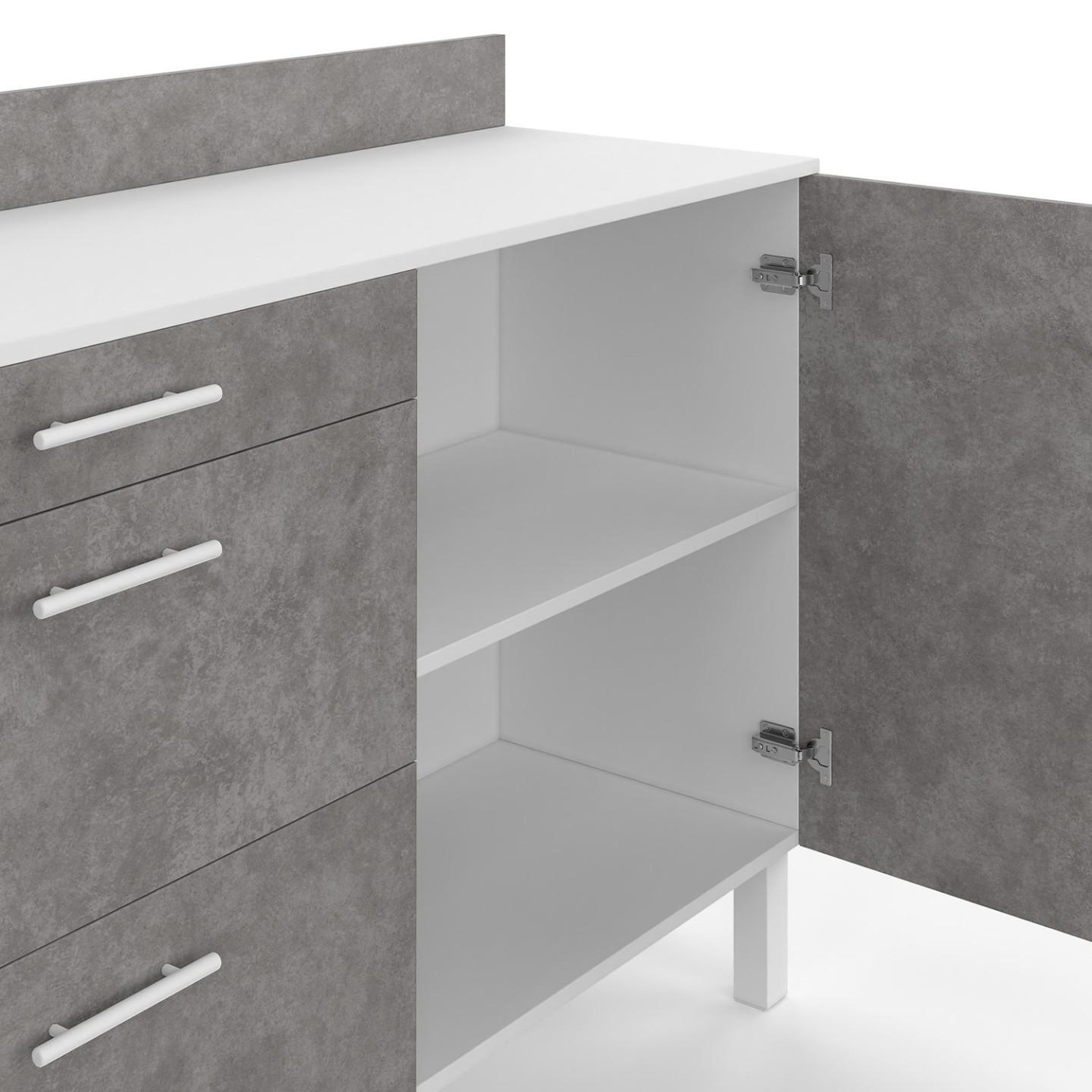 Voir la diapositive 5 : ID MARKET Buffet bas casserolier de cuisine 120 cm cina plan de travail h.83 cm 1 porte + 3 tiroirs blanc et effet béton