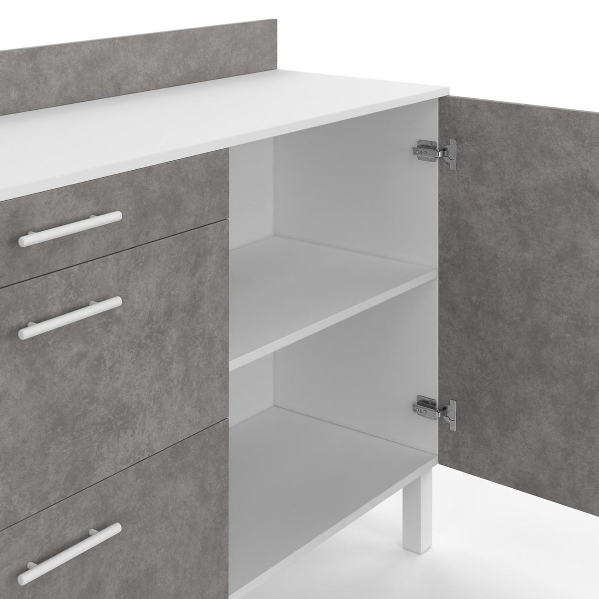 ID MARKET Buffet bas casserolier de cuisine 120 cm CINA plan de travail H.83 cm 1 porte + 3 tiroirs blanc et effet béton