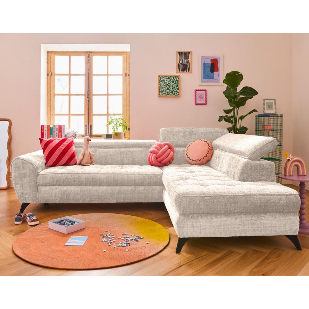 LISA DESIGN Marlo - canapé d'angle droit 5 places convertible avec coffre et têtières en velours texturé