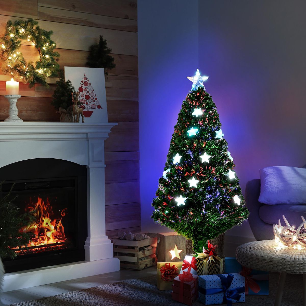 HOMCOM Sapin de Noël artificiel lumineux fibre optique LED multicolore + support pied Ø 60 x 120H cm 130 branches étoile sommet brillante vert