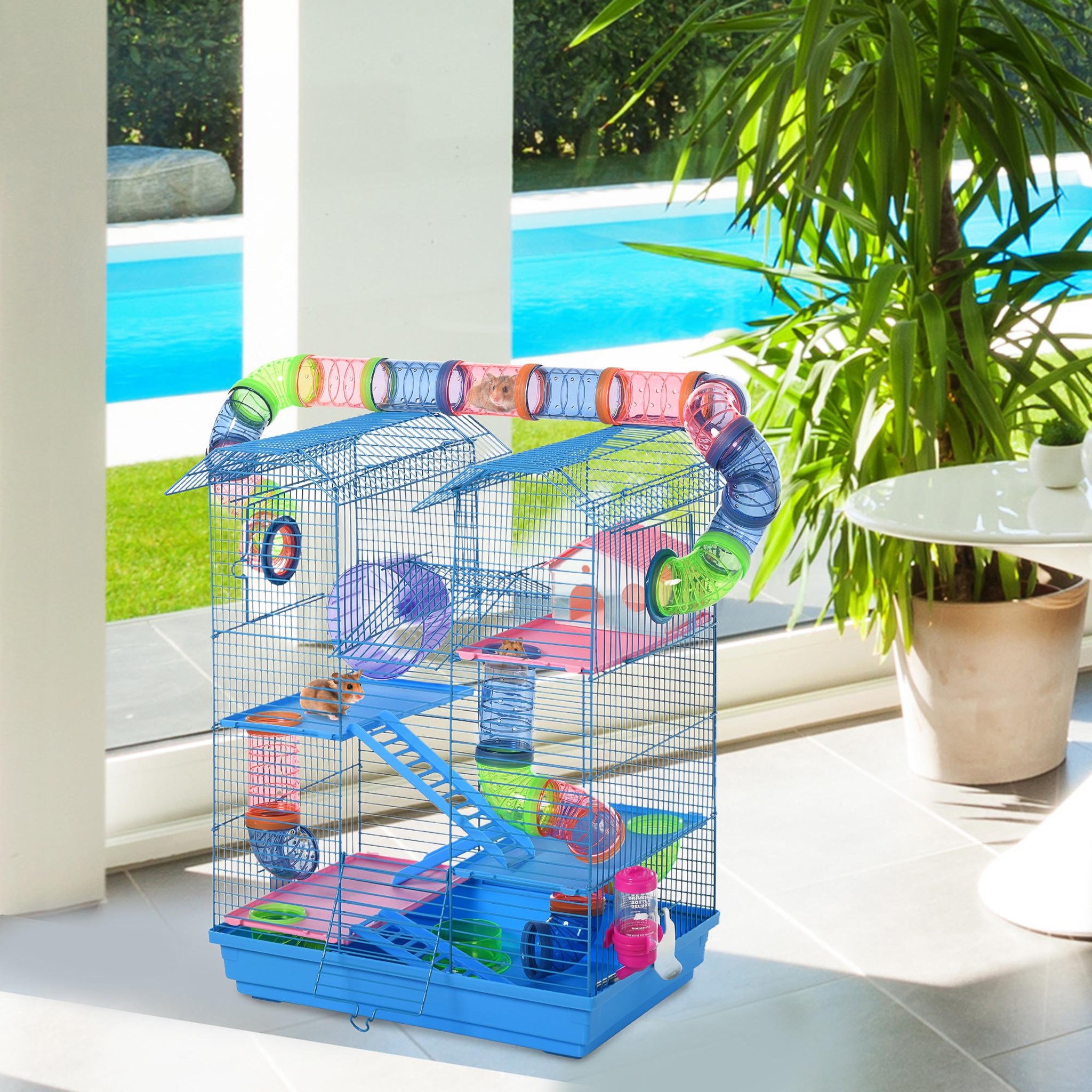 Voir la diapositive 2 : PAWHUT Cage pour Hamster Souris Petit Animaux Rongeur avec Tunnel Mangeoire Roue Jouet 47 x 30 x 59 cm cm Bleu