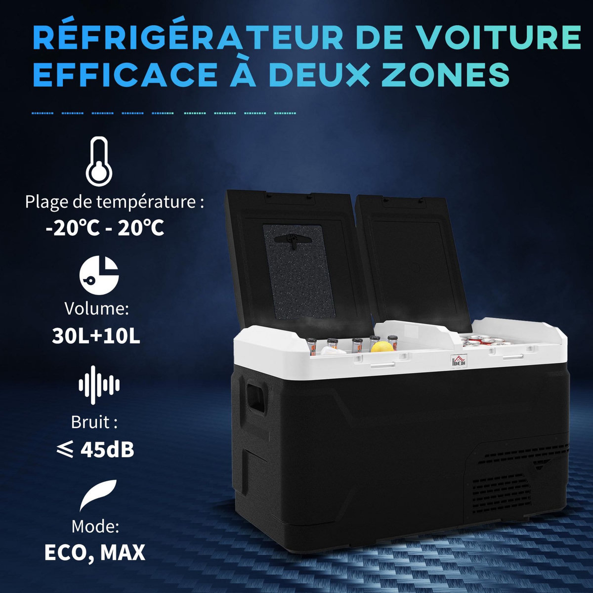 HOMCOM Glacière électrique portable 40L pour voiture - congélateur réfrigérateur 2 zones - LED - noir blanc