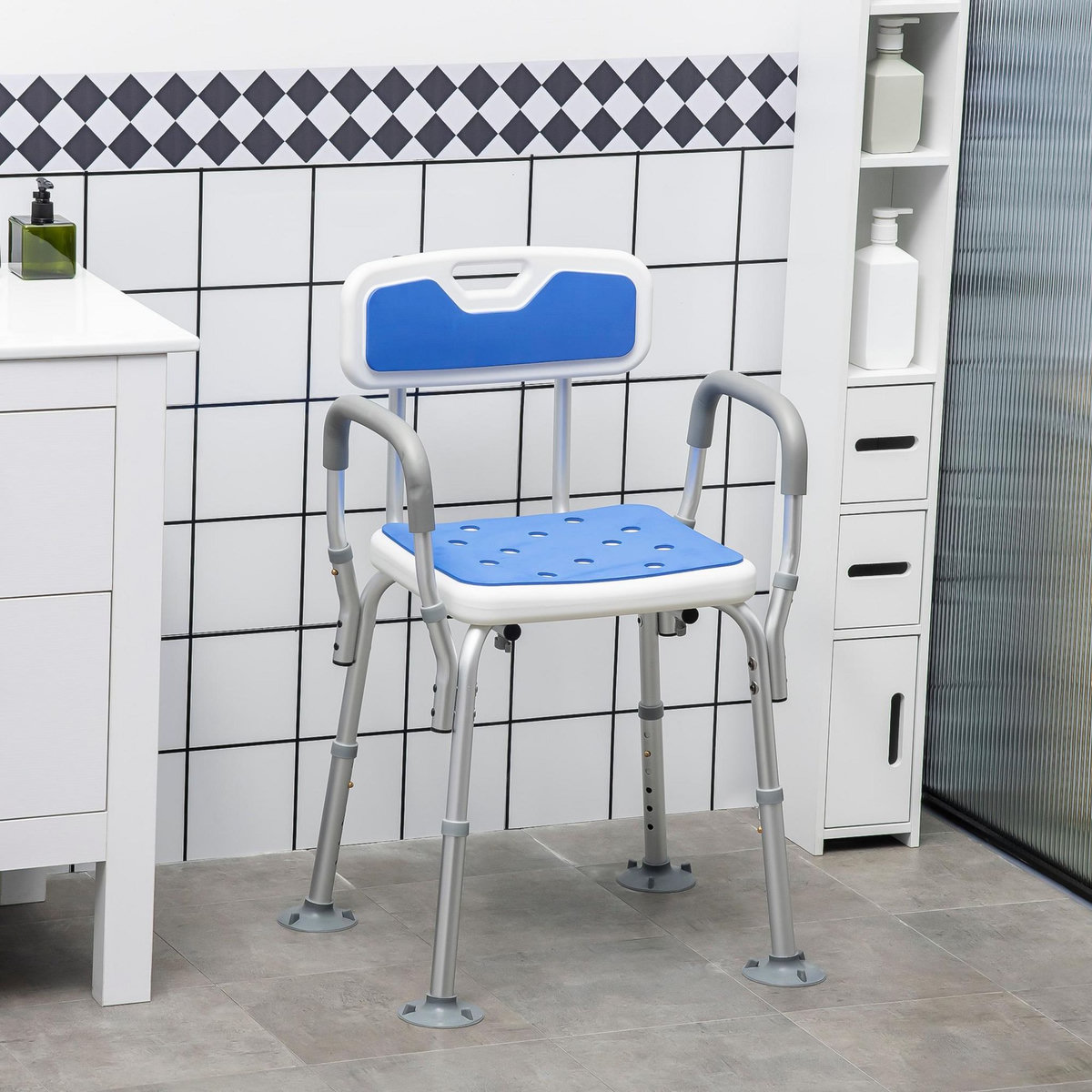 HOMCOM Chaise de douche siège de douche ergonomique hauteur réglable pieds antidérapants charge max. 136 Kg alu HDPE blanc bleu