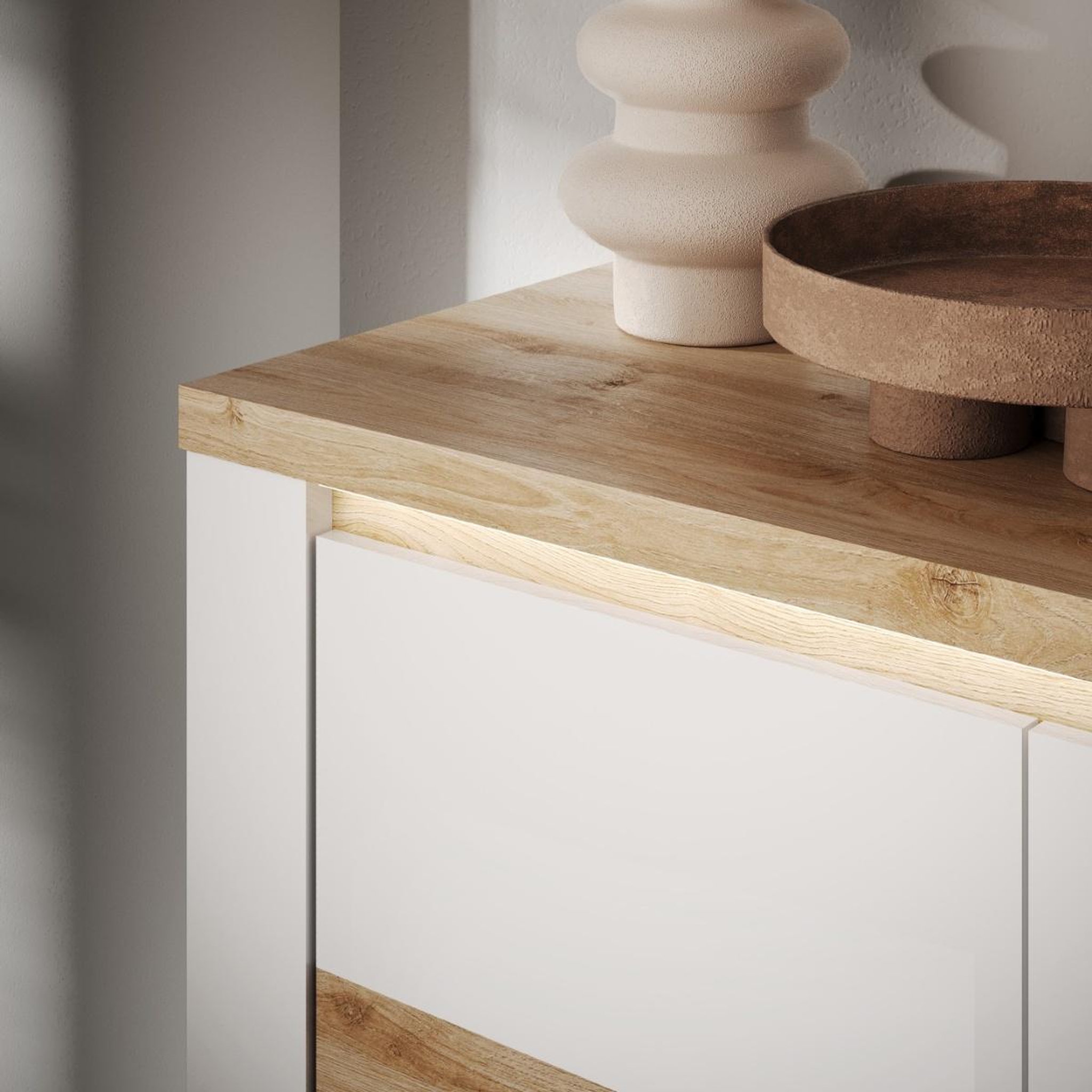 Voir la diapositive 6 : JLC KREATION Buffet moderne 3 portes laqué blanc et bois 160cm aria