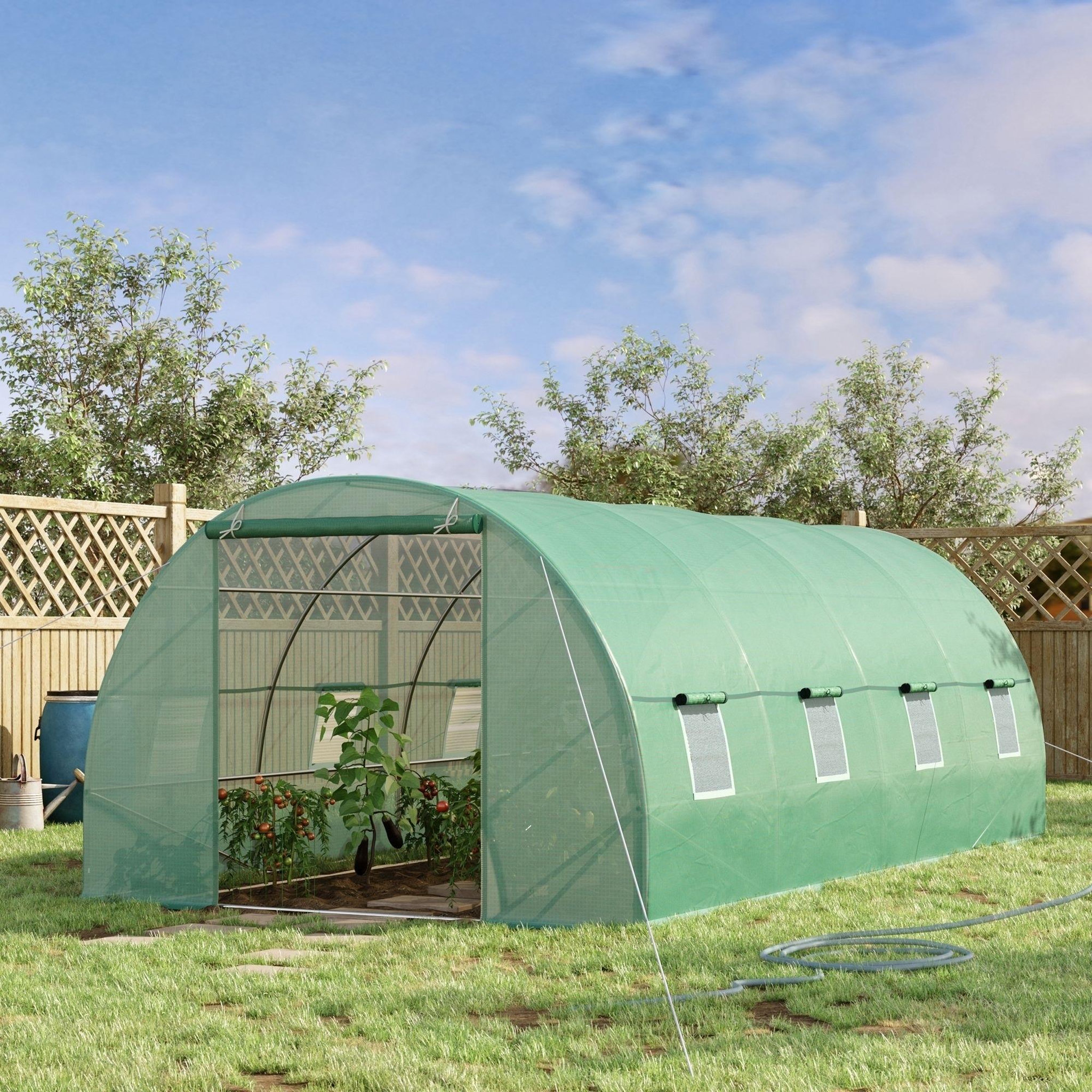Voir la diapositive 2 : HOMCOM Serre de jardin tunnel 5,9l x 3l x 2h m châssis tubulaire acier galvanisé renforcé 2,5 cm 8 fenêtres 1 porte vert
