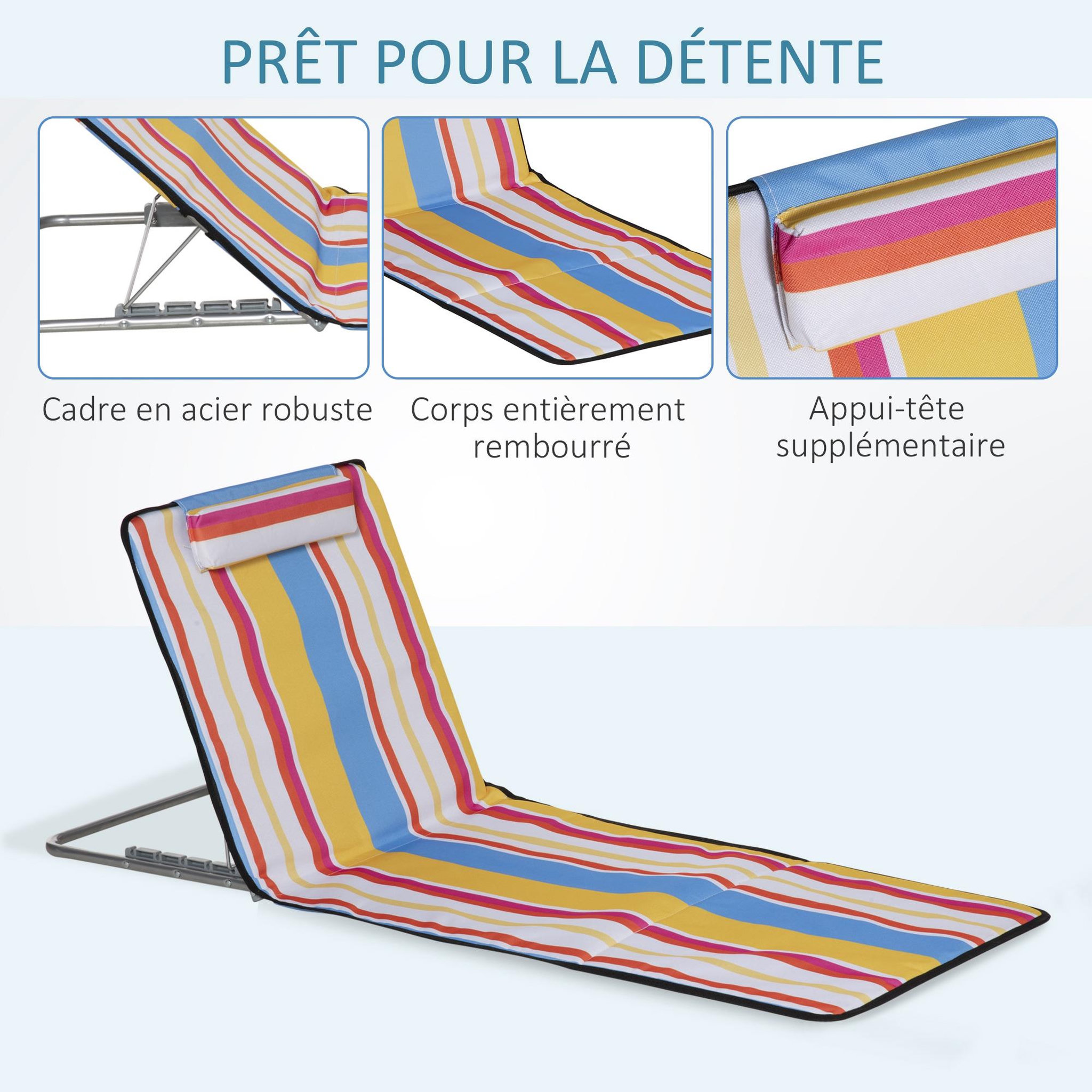 Voir la diapositive 6 : OUTSUNNY Lot de 2 tapis de plage rembourrés - dossier inclinable 5 positions - sac transport inclus - acier polyester multicolore