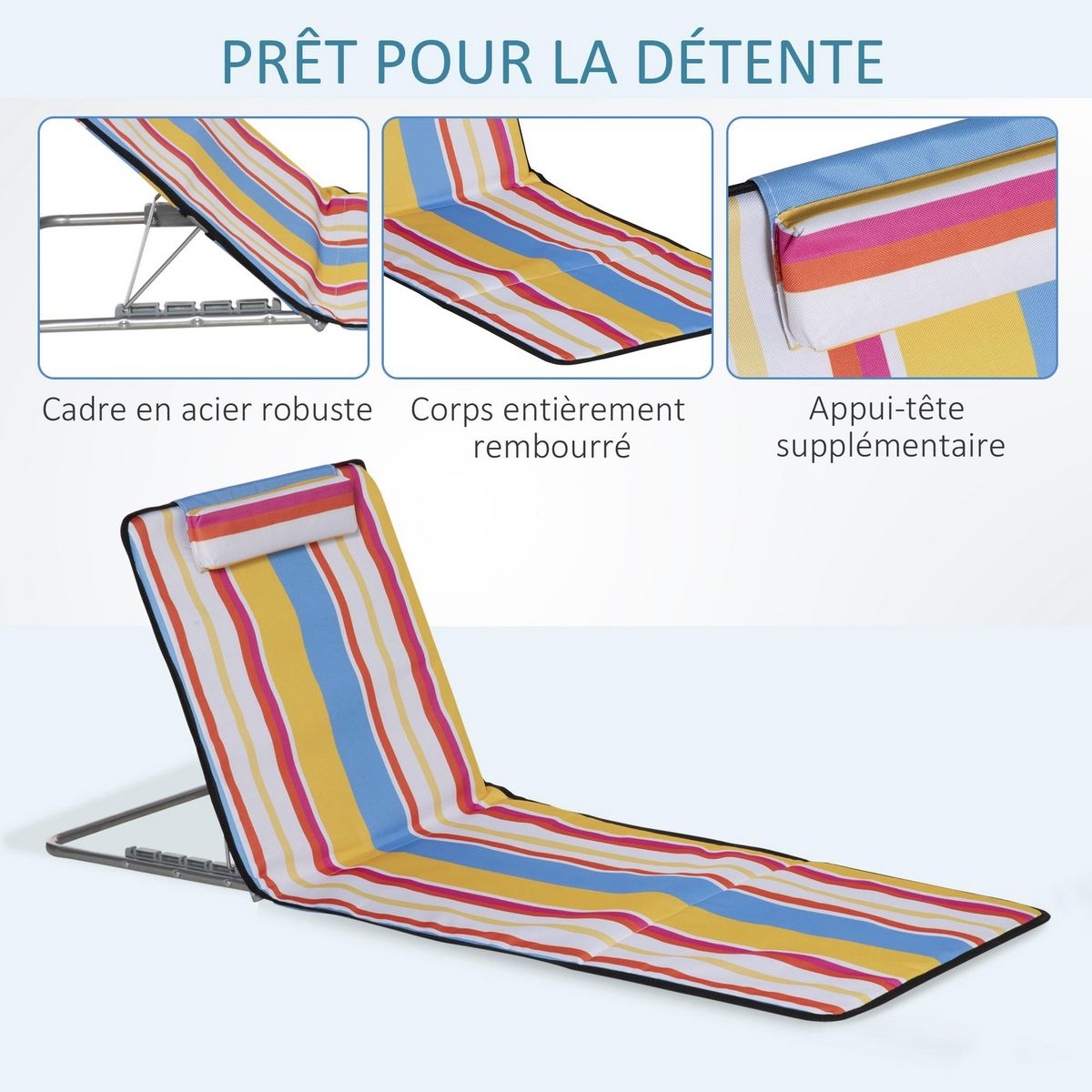 OUTSUNNY Lot de 2 tapis de plage rembourrés - dossier inclinable 5 positions - sac transport inclus - acier polyester multicolore