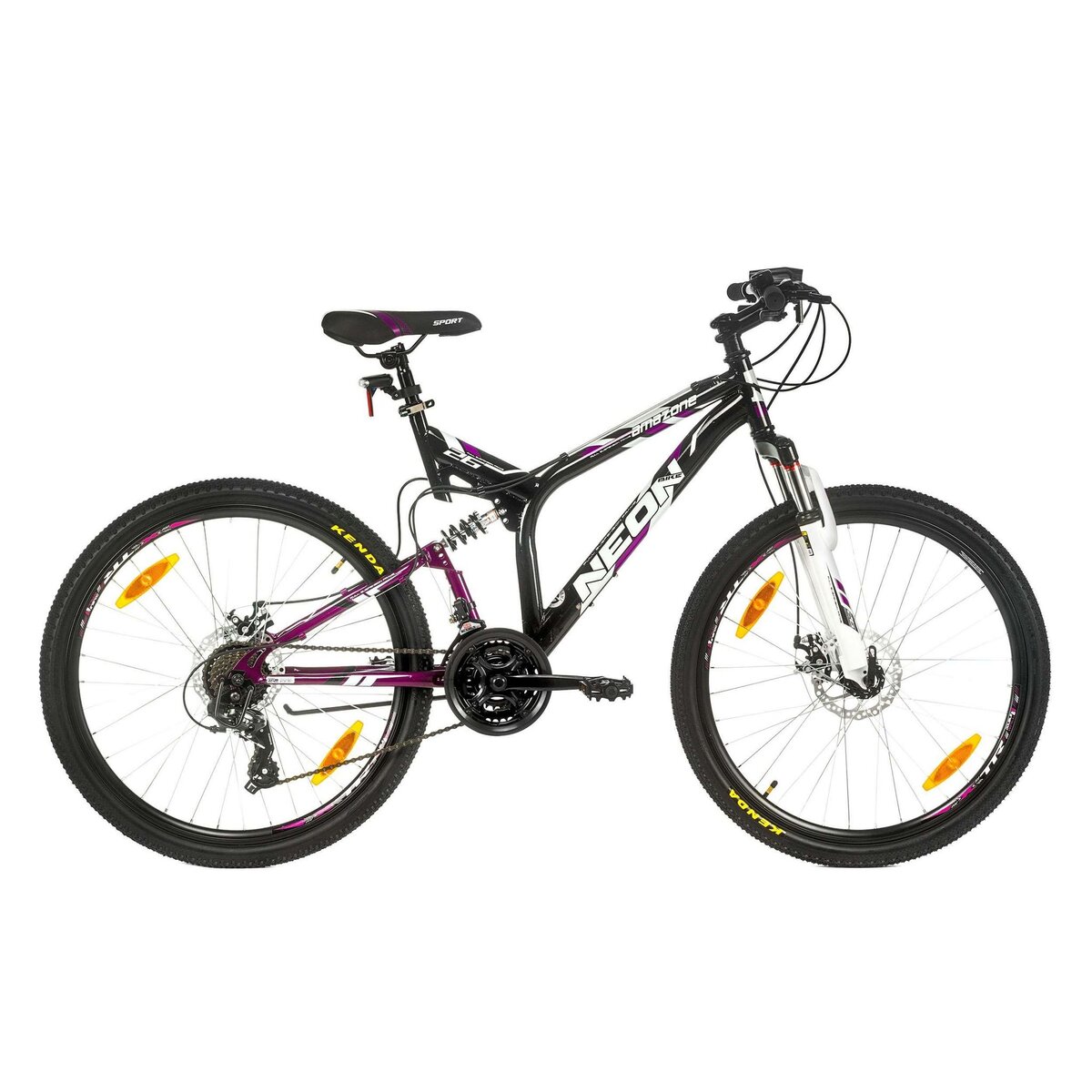 Vélo VTT 26'' Femme - Cadre Tout Suspendu - Double freins à disques - 21 Vit. - Poignée à Gâchettes & dérailleur Shimano