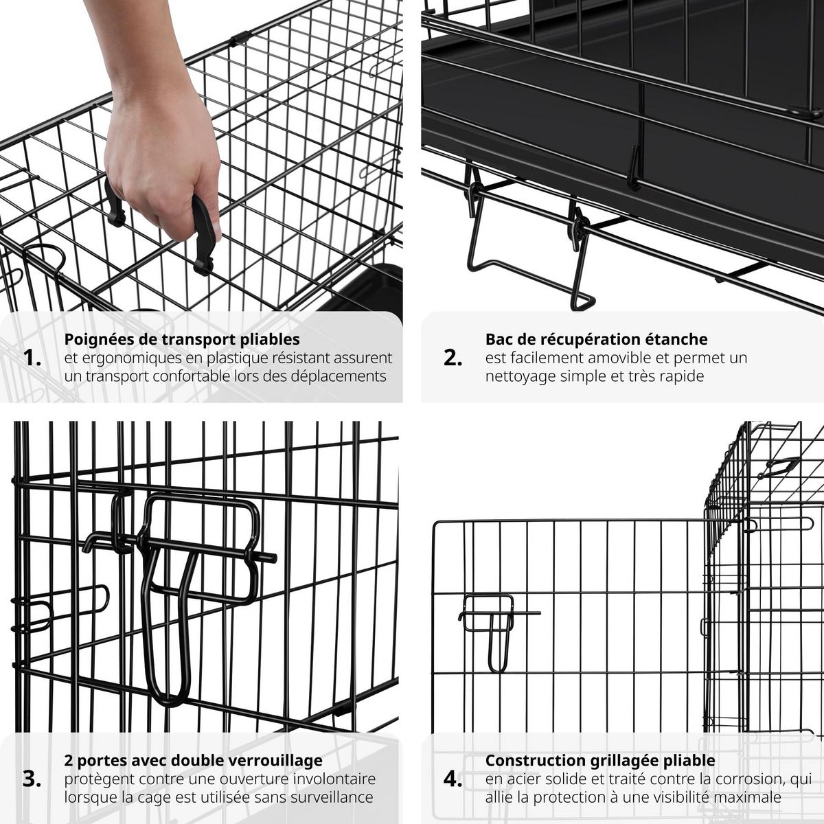 tectake Caisse grillagée pour chien pliable avec 2 poignées de transport noir