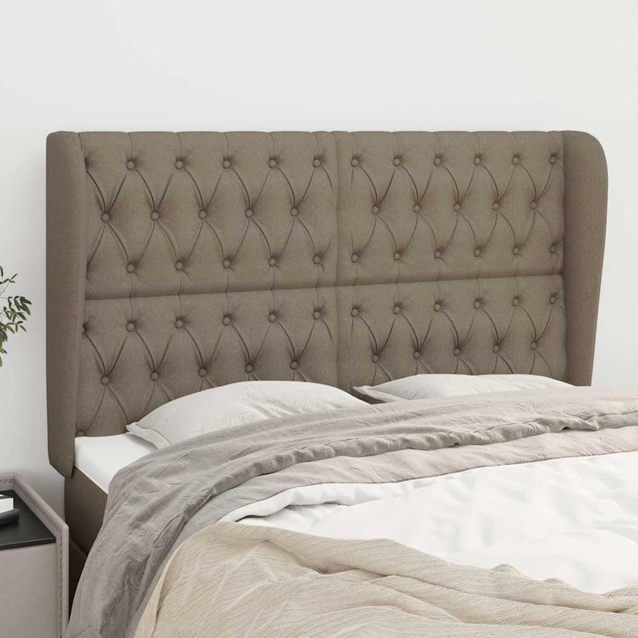 Voir la diapositive 2 : VIDAXL Tete de lit avec oreilles Taupe 147x23x118/128 cm Tissu