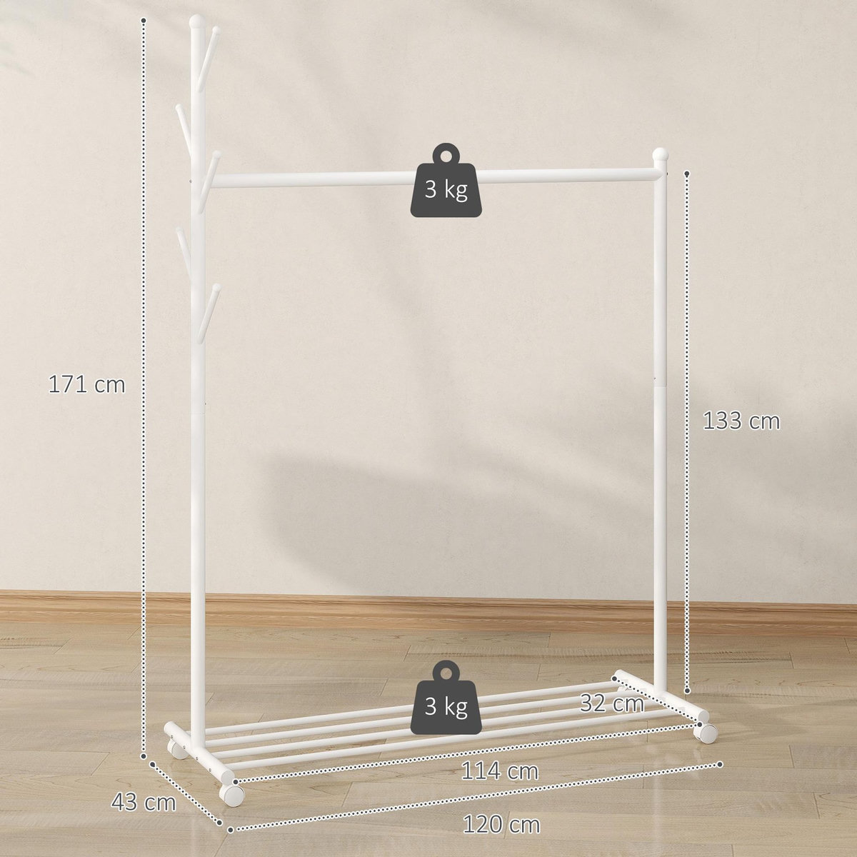 HOMCOM Portant à vêtements mobile étagère porte-manteau en forme d'arbre métal blanc