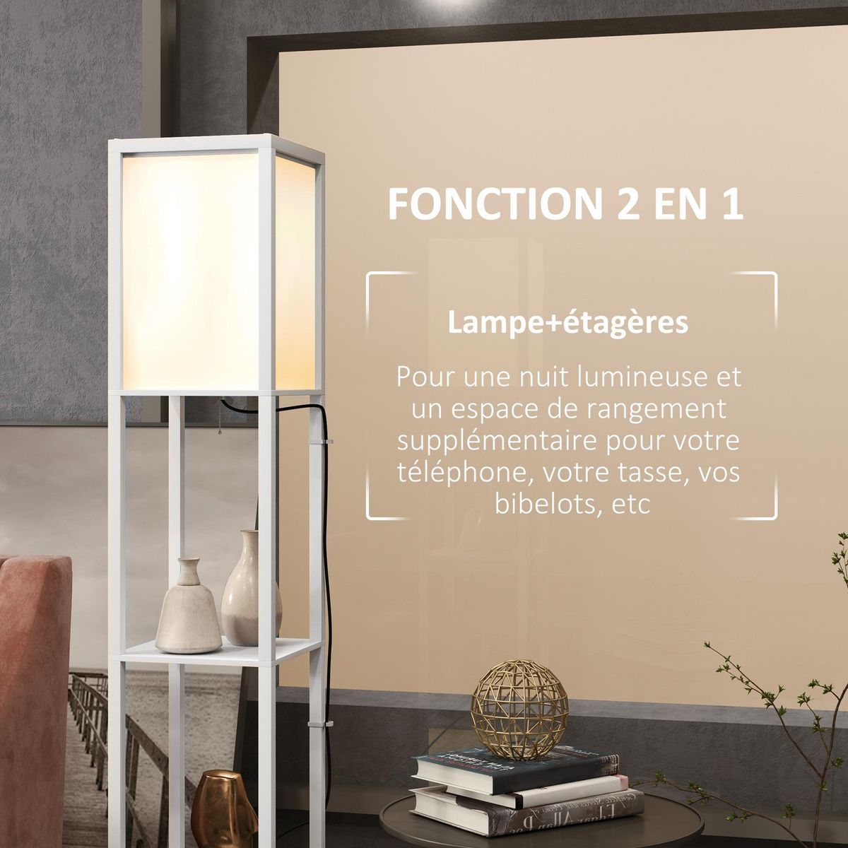 HOMCOM Lampadaire étagères design H.156 cm double éclairage abat-jour tissu blanc