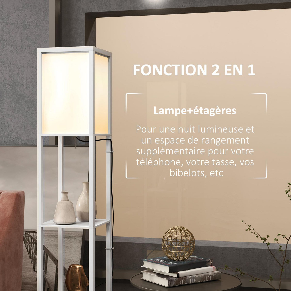 HOMCOM Lampadaire étagères design H.156 cm double éclairage abat-jour tissu blanc