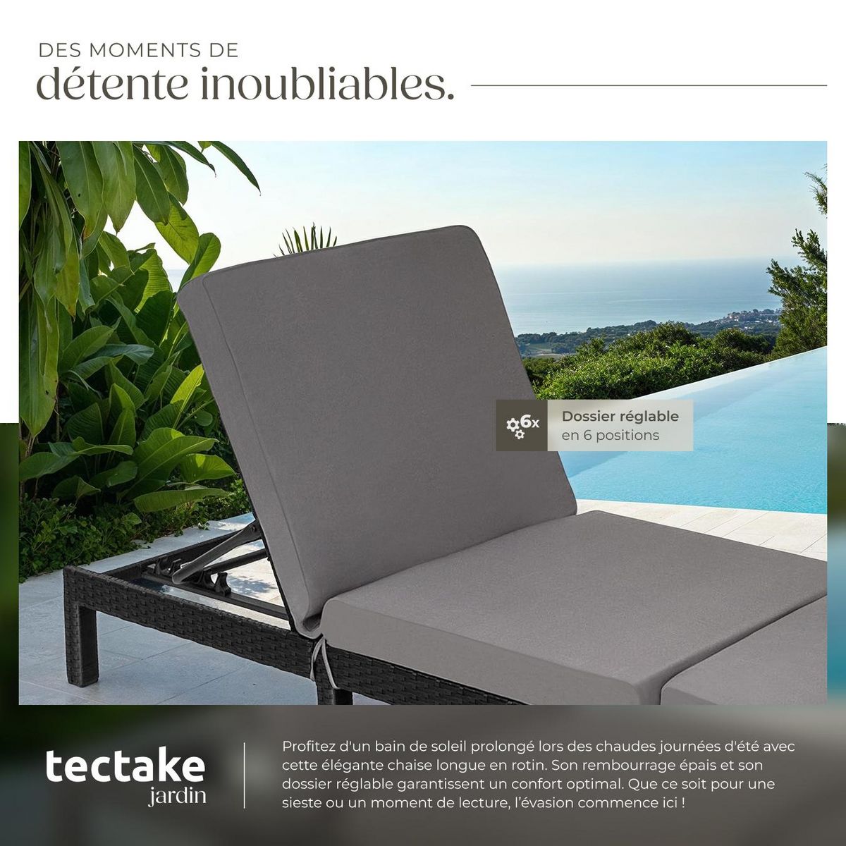 tectake Bain de soleil en rotin robuste noir