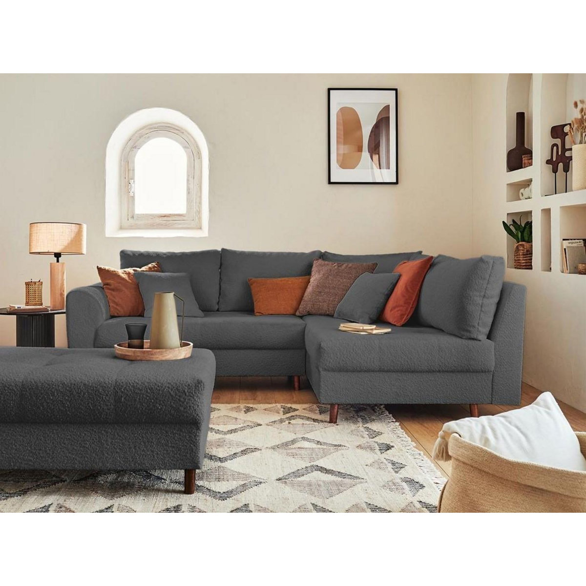 LISA DESIGN Rune - canapé d'angle droit - 4 places - avec pouf d'appoint - en tissu bouclette